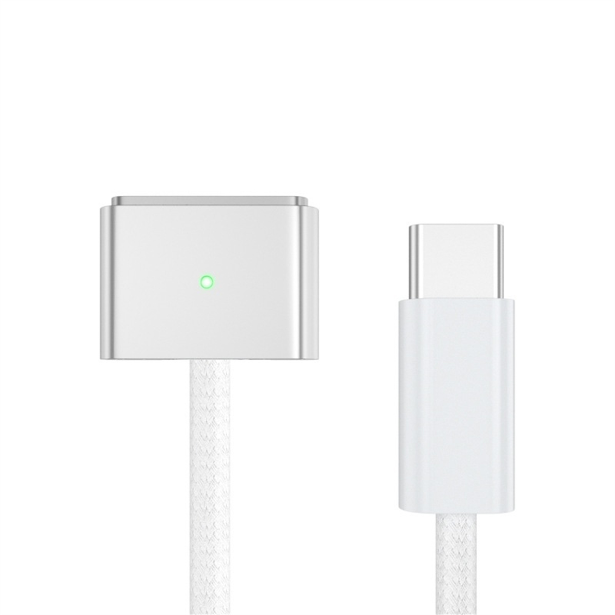 Ein weißes Ladekabel, ein Ende ist ein USB-C, das andere ist ein magnetischer Stecker. Am Stecker leuchtet ein grünes Licht.