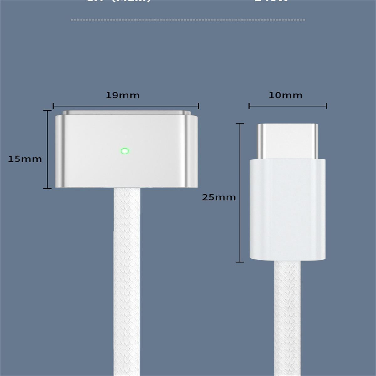 Weißes Ladegerät mit USB-C-Anschluss und Magnetanschluss. Abmessungen: 19 mm x 15 mm x 25 mm, 10 mm x 17 mm.