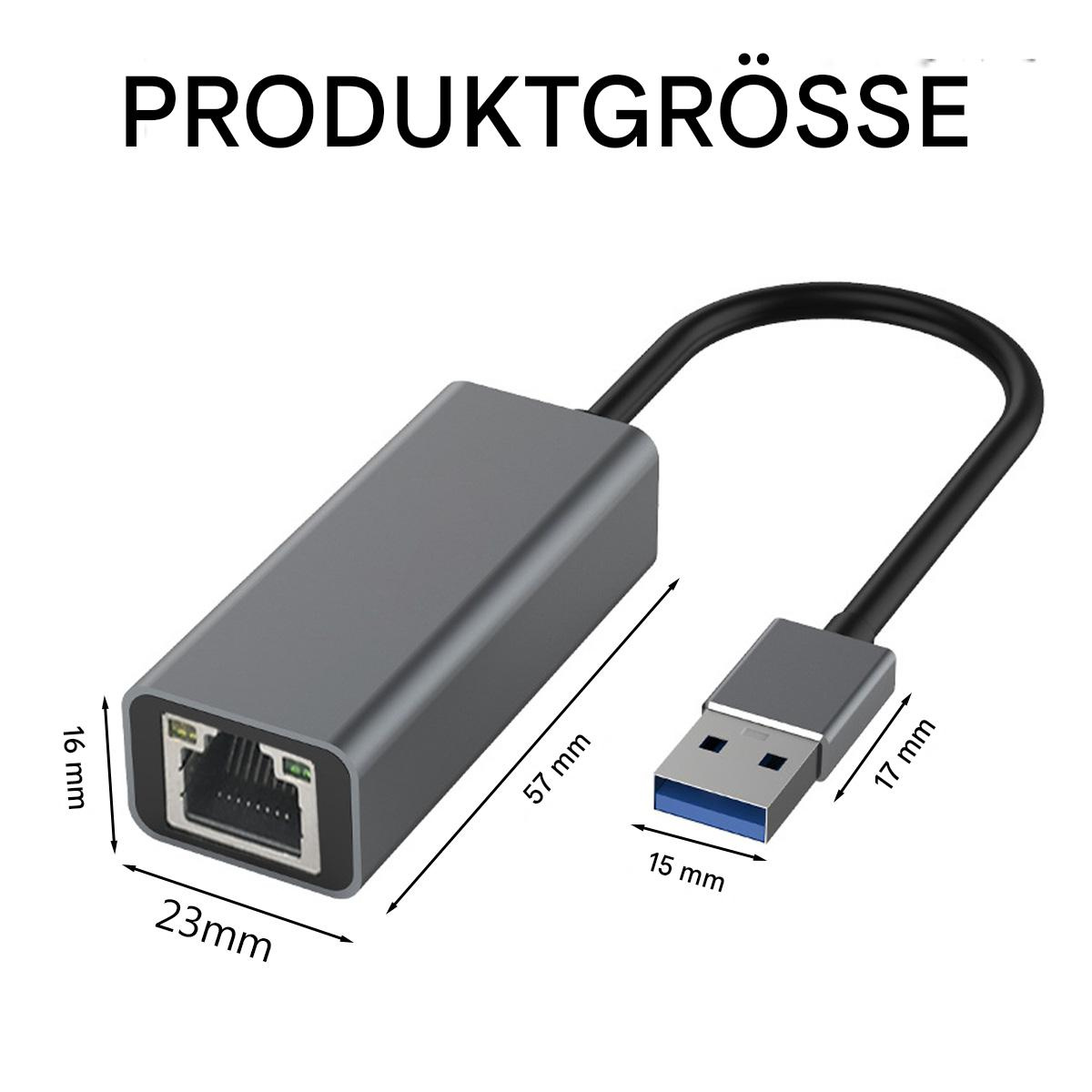 Grauer Ethernet-zu-USB-Adapter mit den angegebenen Abmessungen: 23 mm x 16 mm x 57 mm, und USB: 15 mm x 17 mm.