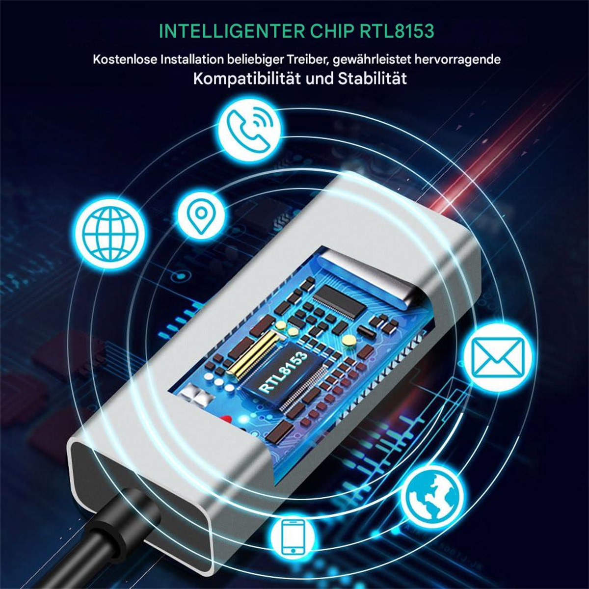 Ein Netzwerkadapter mit einem Chip. Der Chip ist mit RTL8153 beschriftet und hat verschiedene Symbole um sich herum.