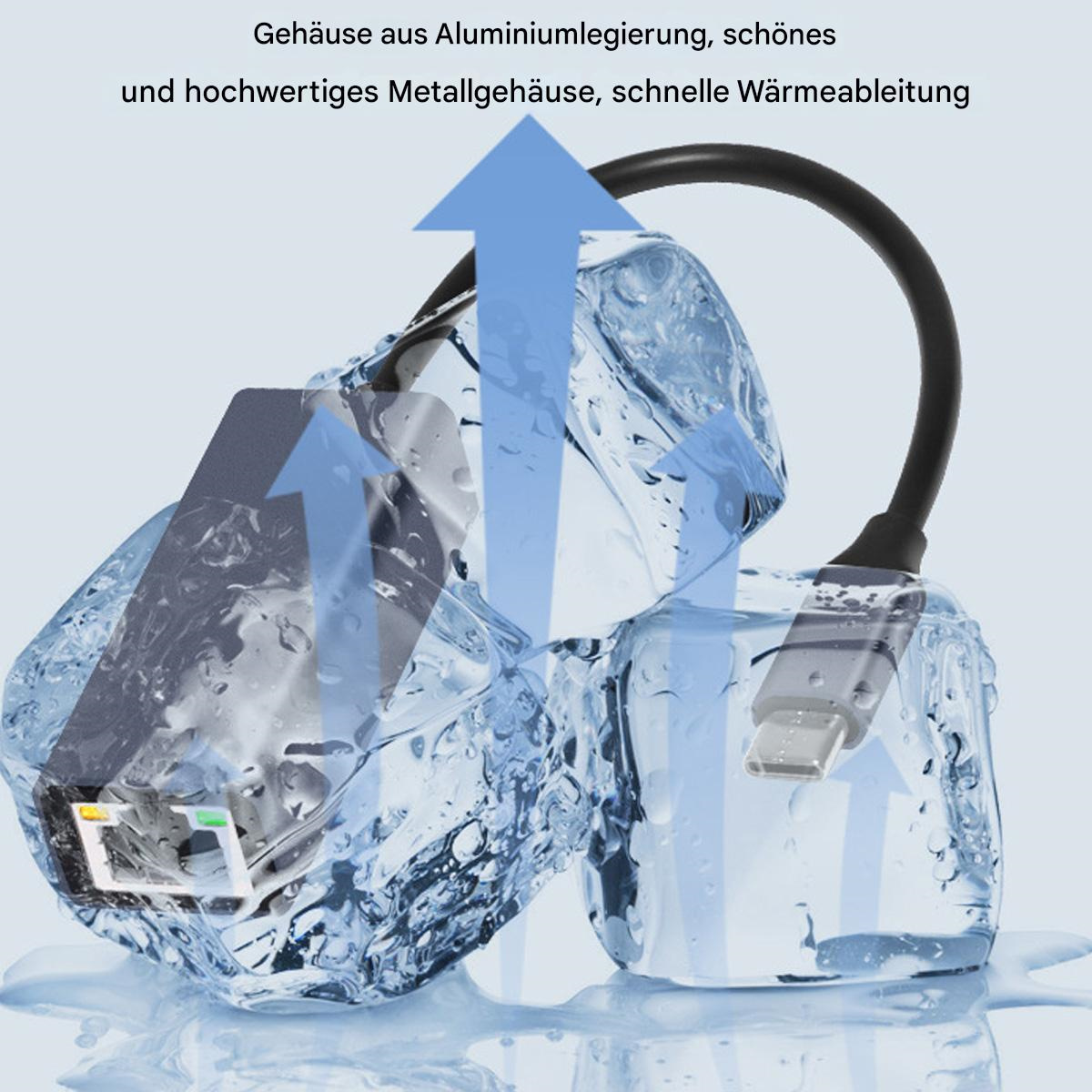 Ein USB-C-Adapter ist in Eis eingeschlossen, blaue Pfeile zeigen die Wärmeableitung an.