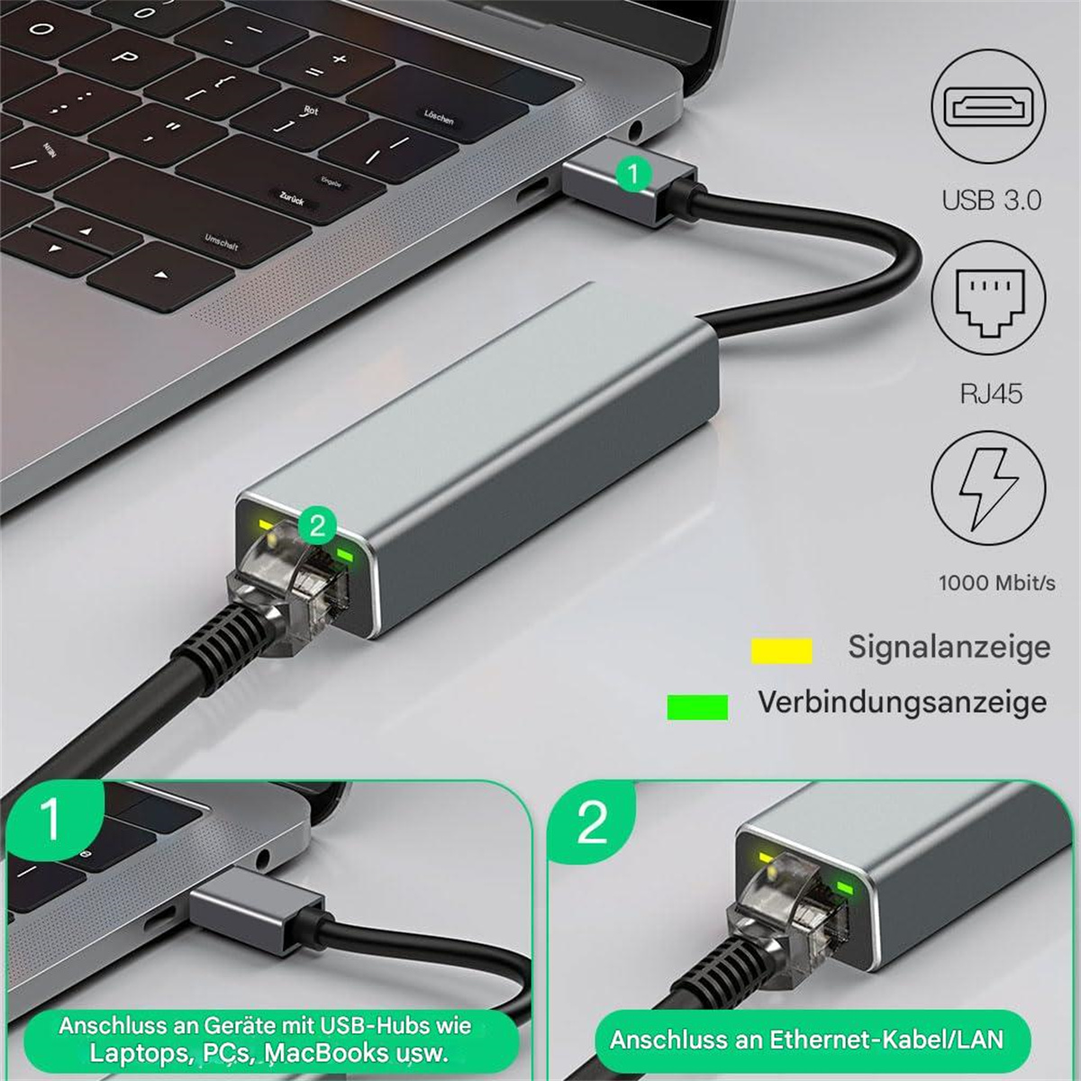 Silberner USB 3.0-zu-Ethernet-Adapter, an einen Laptop angeschlossen. Labels zeigen USB, RJ45 und 1000 Mbit/s.