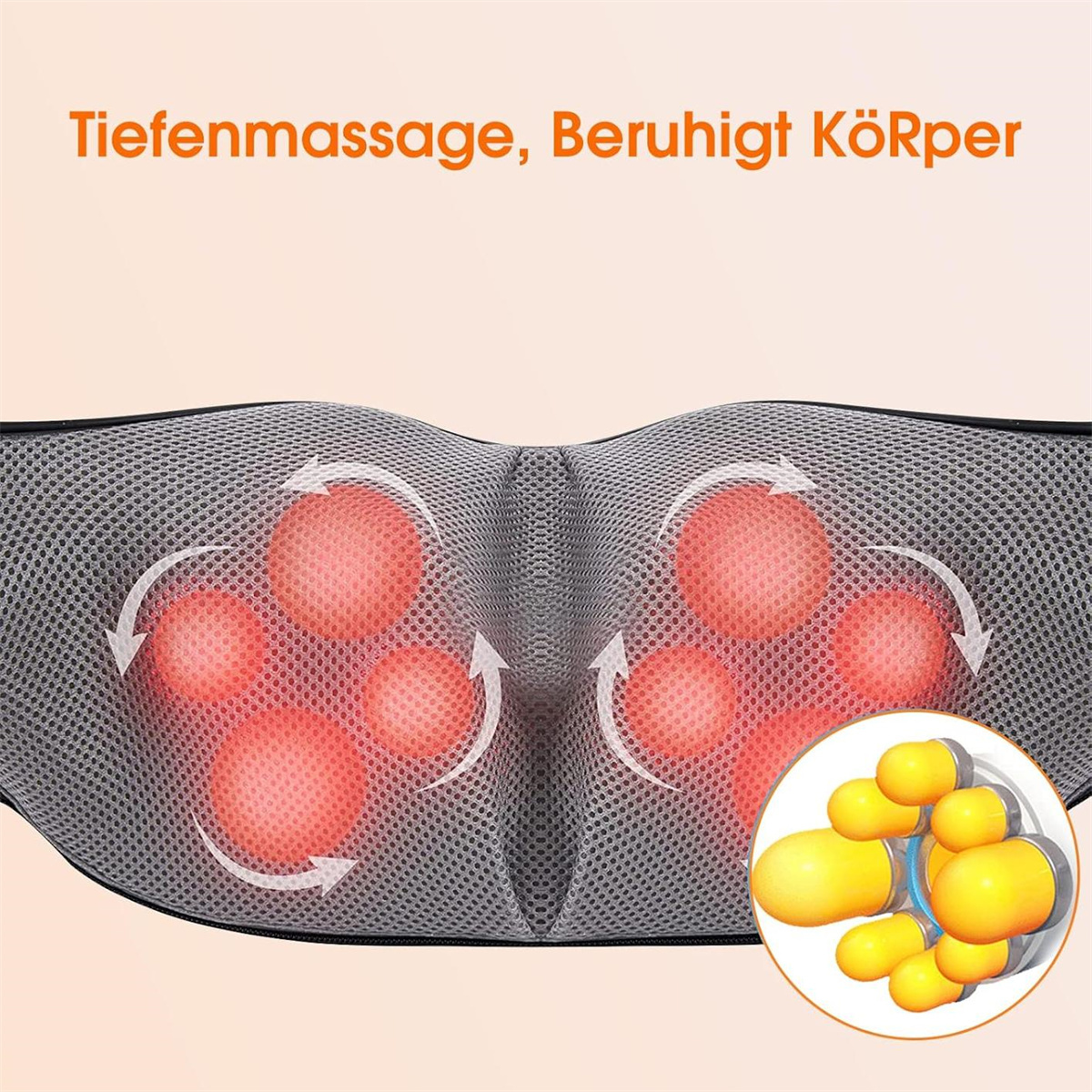 Massagegerät mit roter Wärmetherapie vor hellem Hintergrund. Produkttext sichtbar.
