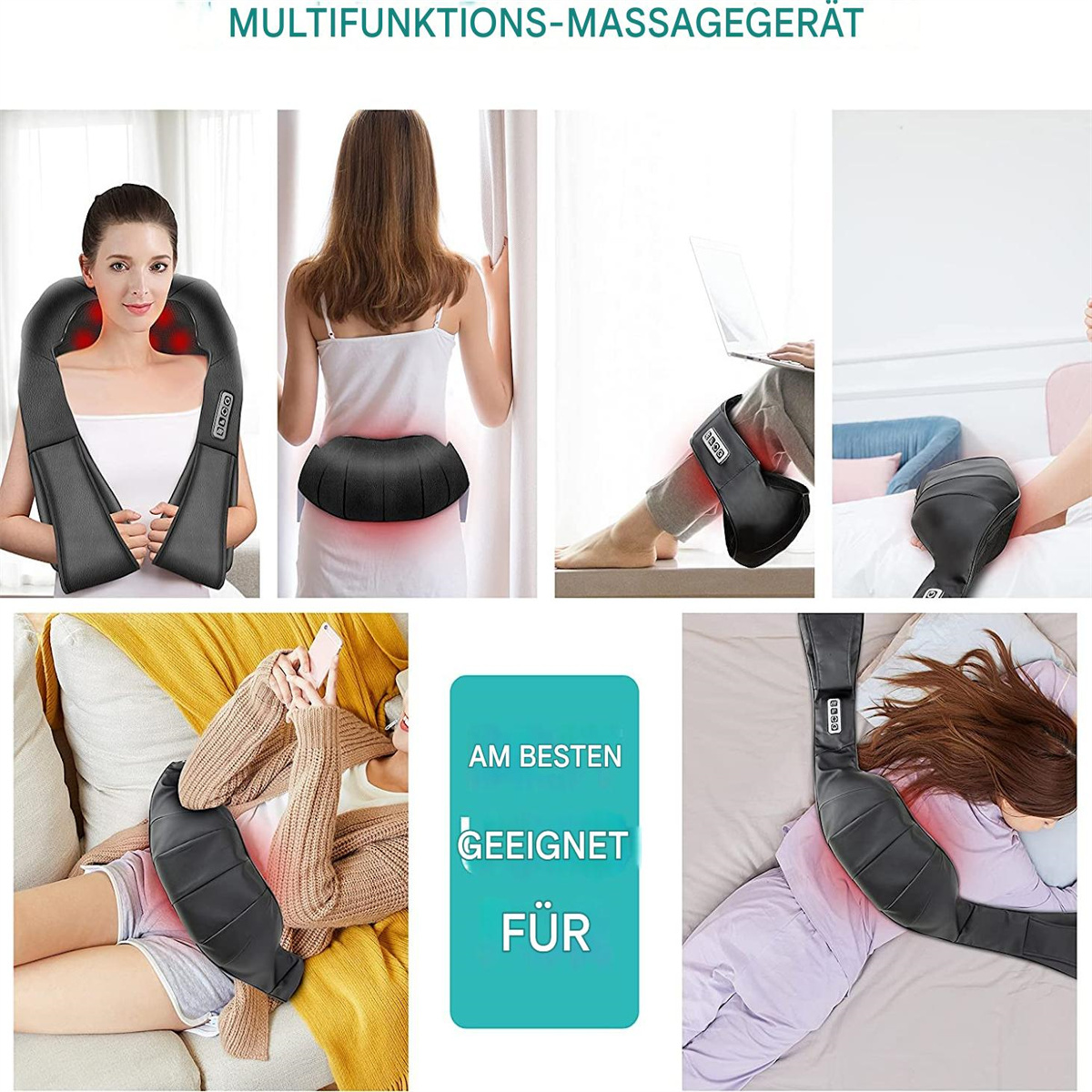 Multifunktions-Massagegerät in Gebrauch. Menschen benutzen es an Nacken, Rücken, Beinen und Schultern. Text sichtbar.
