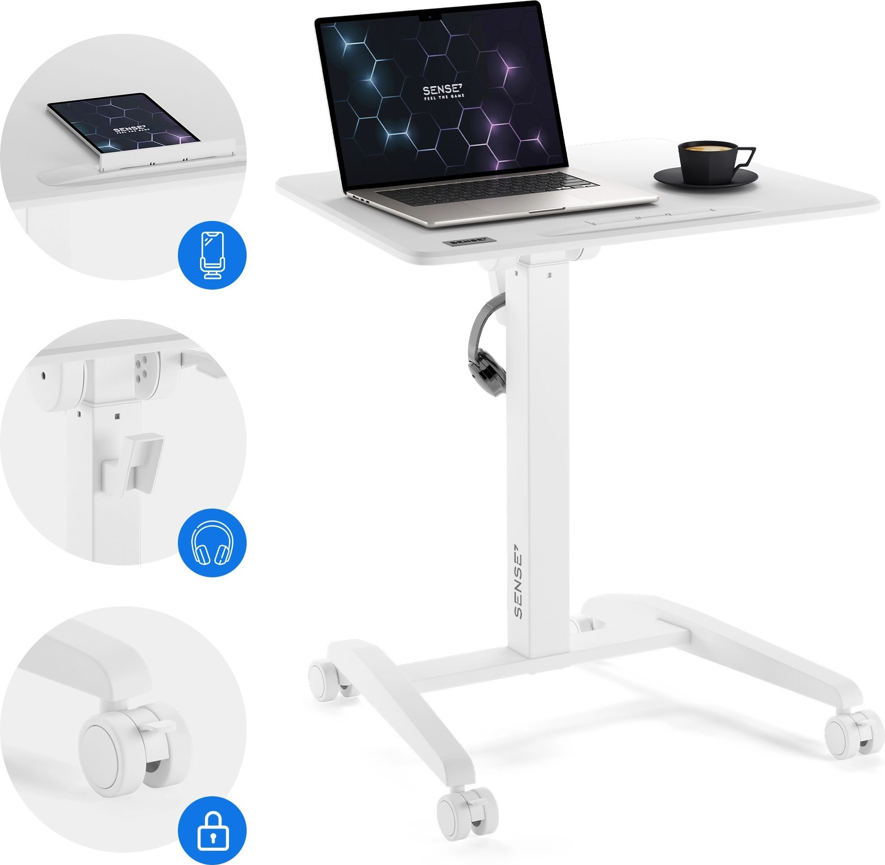 Weißer Stehtisch mit Laptop, Tablet und Kaffeetasse. Der Tisch hat Kopfhörerhalter und Räder.