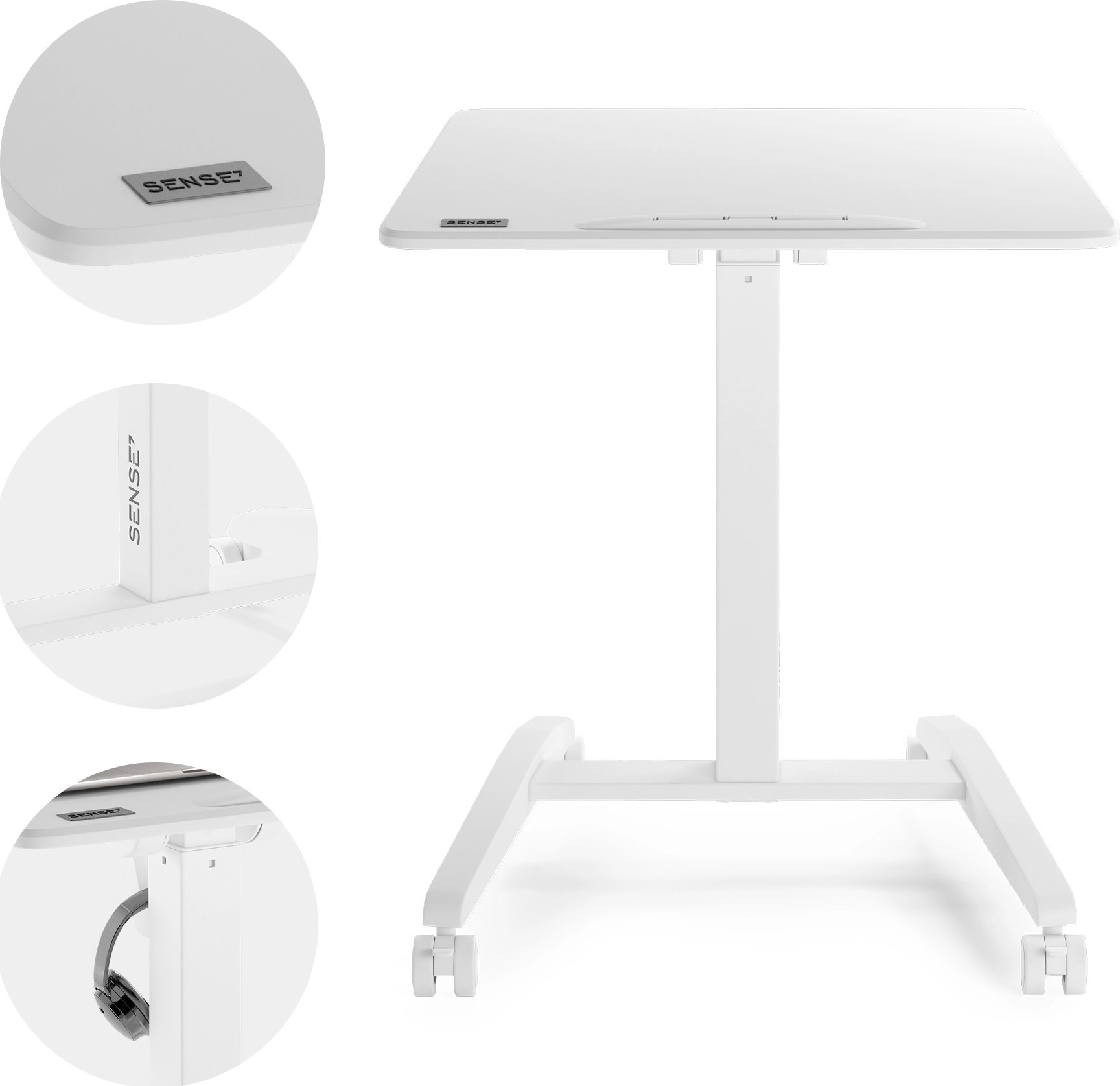 Ein weißer, verstellbarer Tisch mit Rollen, Details und Abmessungen.
