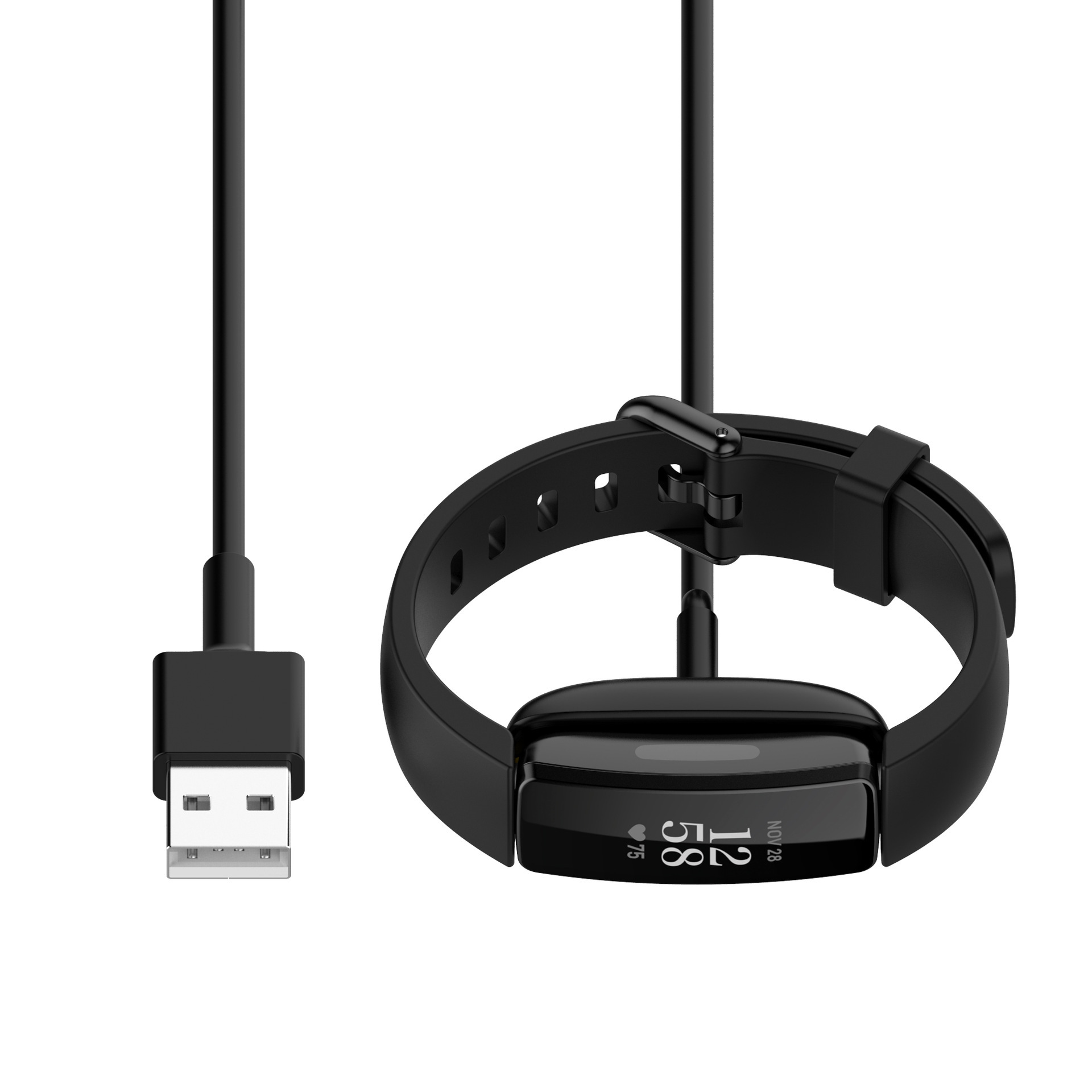 Ein schwarzer Fitness-Tracker mit Ladekabel und USB-Anschluss auf weißem Hintergrund.