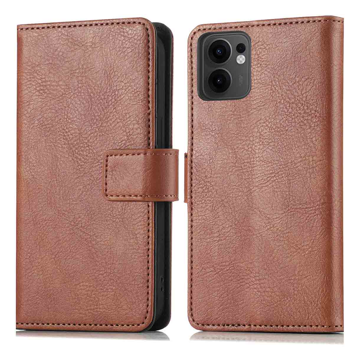 Bruine telefoonhoes, gesloten, met textuur en een magnetische sluiting.