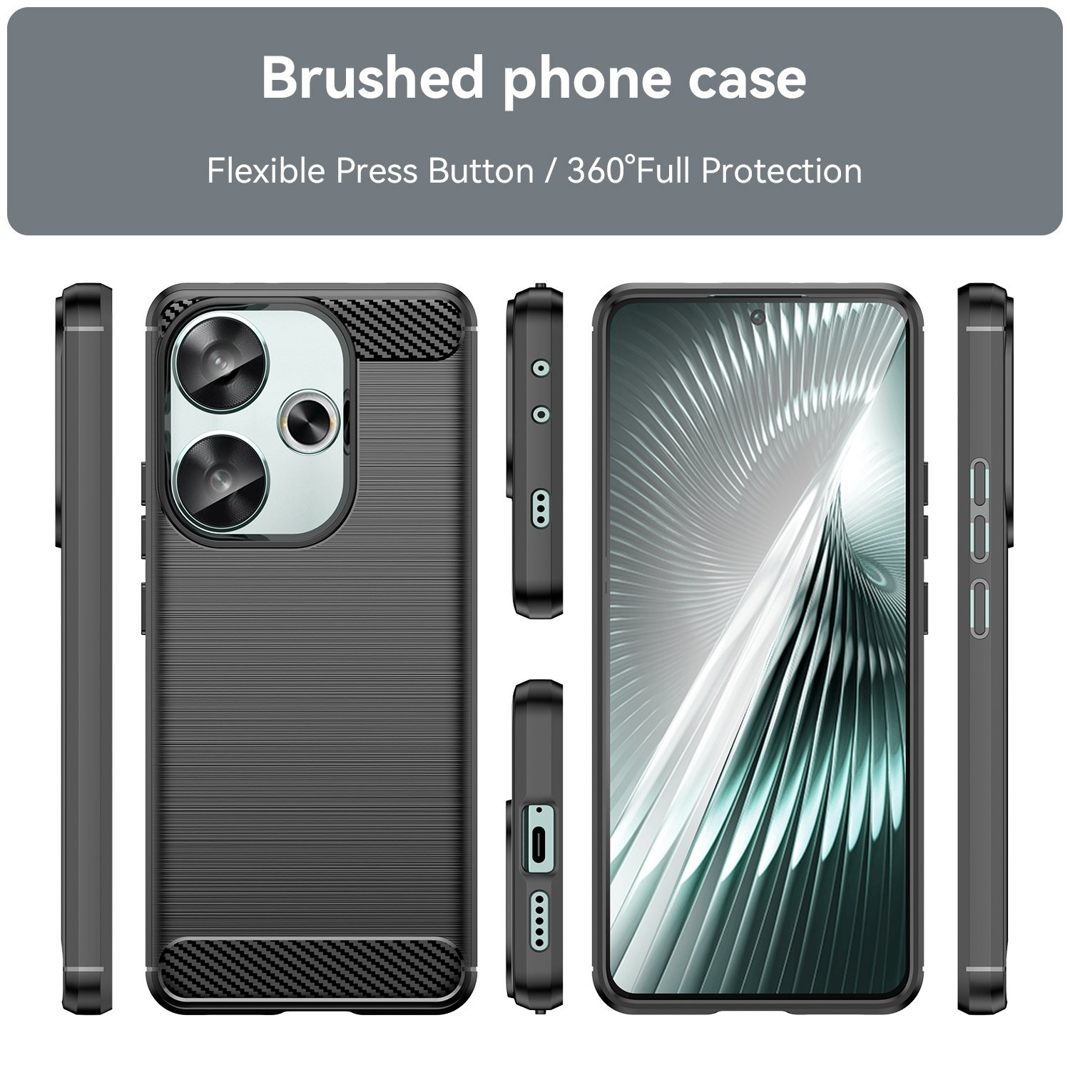Múltiples vistas de una funda de teléfono negra con detalles de fibra de carbono. Texto: 'Funda cepillada, botón flexible, protección completa'.