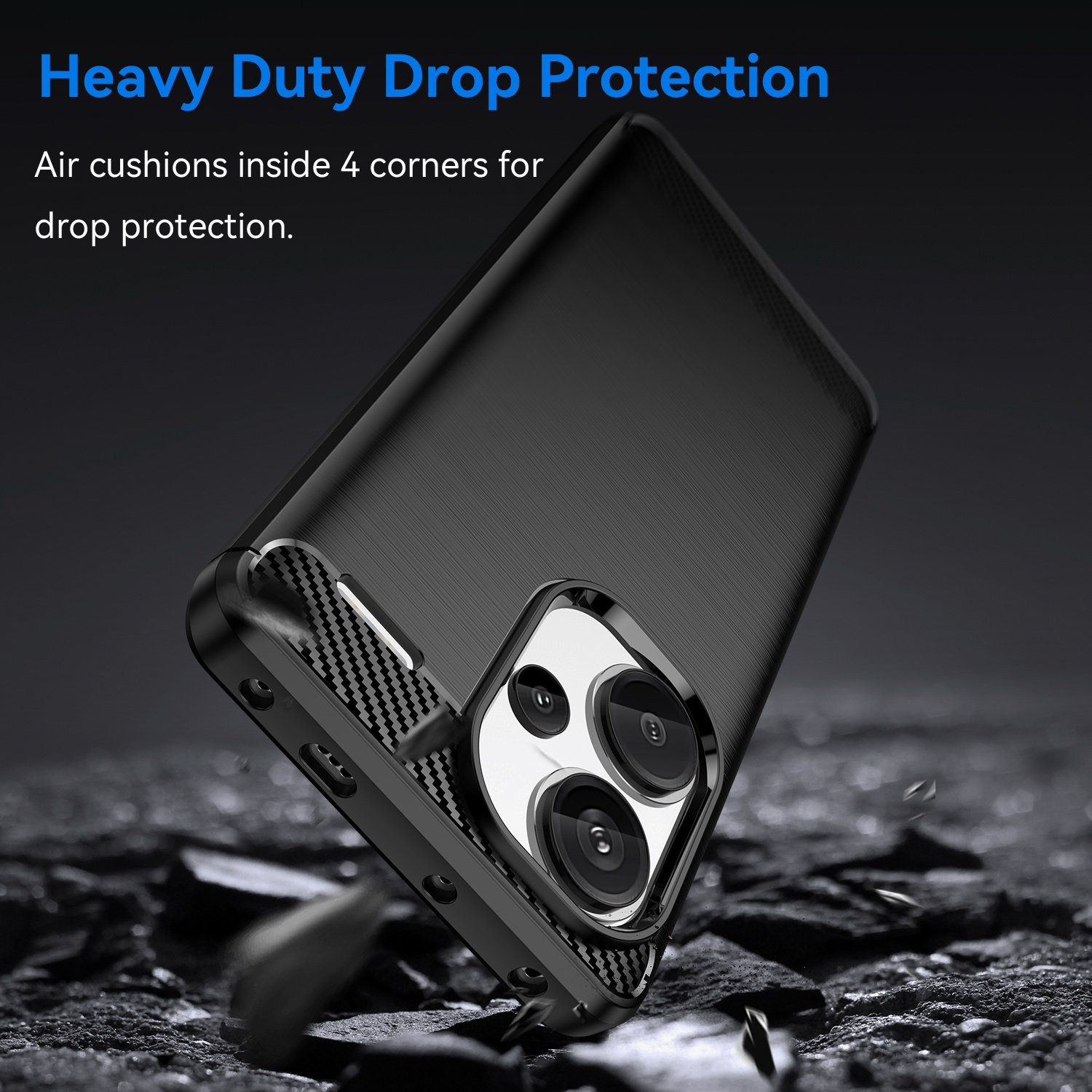 Funda negra cayendo, impactos crean grietas. Diseño protector con detalles de fibra de carbono.