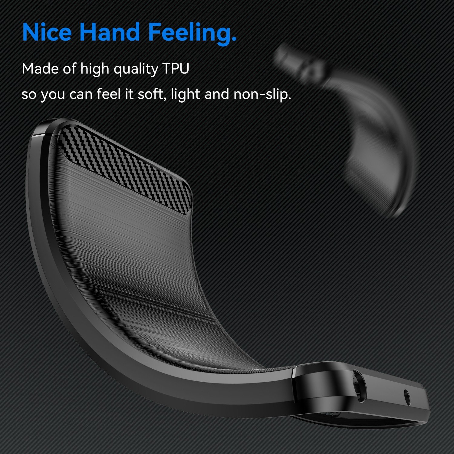 Primer plano de una funda de teléfono negra, mostrando un diseño curvo con detalles de fibra de carbono. Texto: 'Sensación agradable en la mano'.