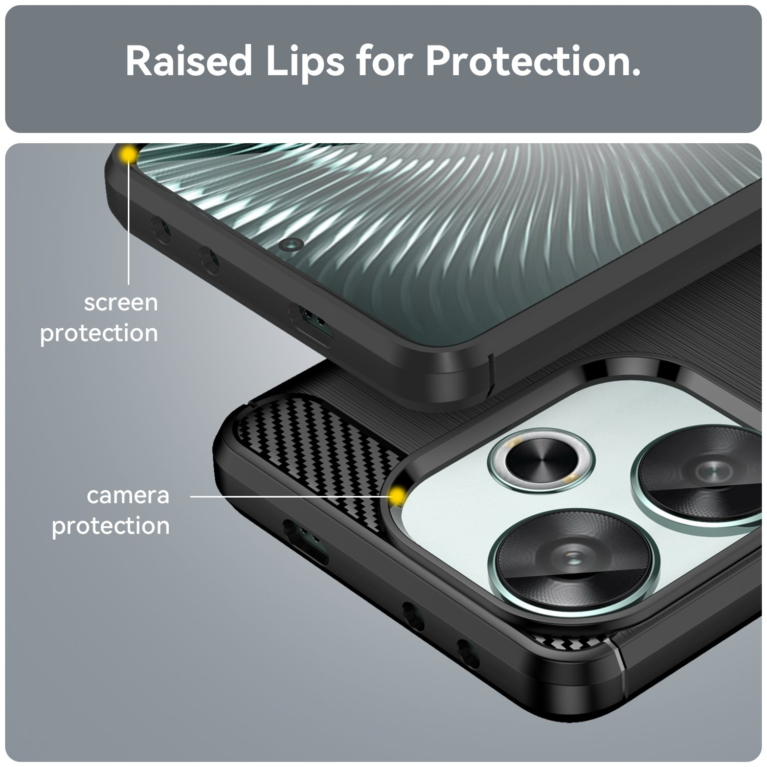 Primer plano de una funda de teléfono, que muestra bordes elevados para protección de pantalla y cámara. Texto: 'Bordes elevados para protección'.