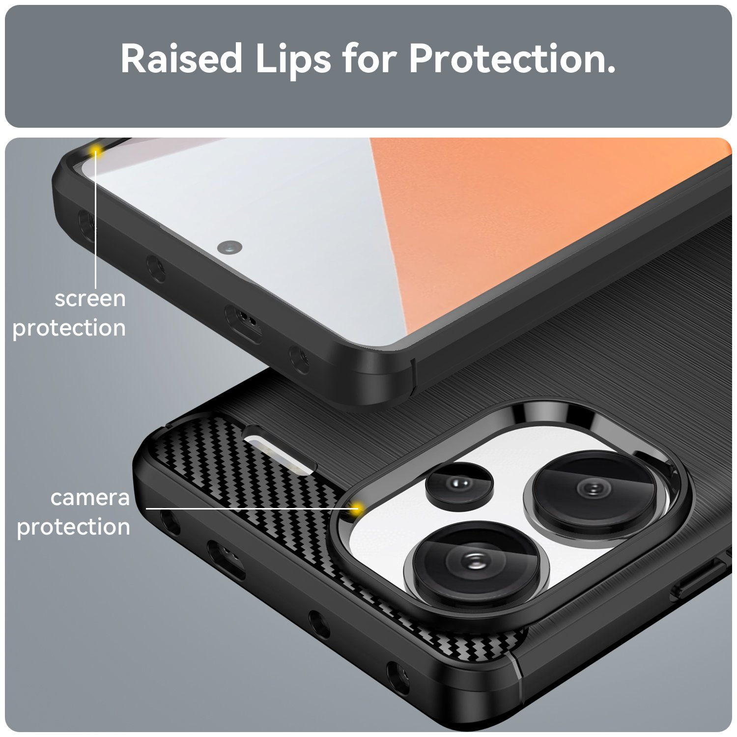 Primer plano de una funda de teléfono, que muestra bordes elevados para protección de pantalla y cámara. Texto: 'Bordes elevados para protección'.
