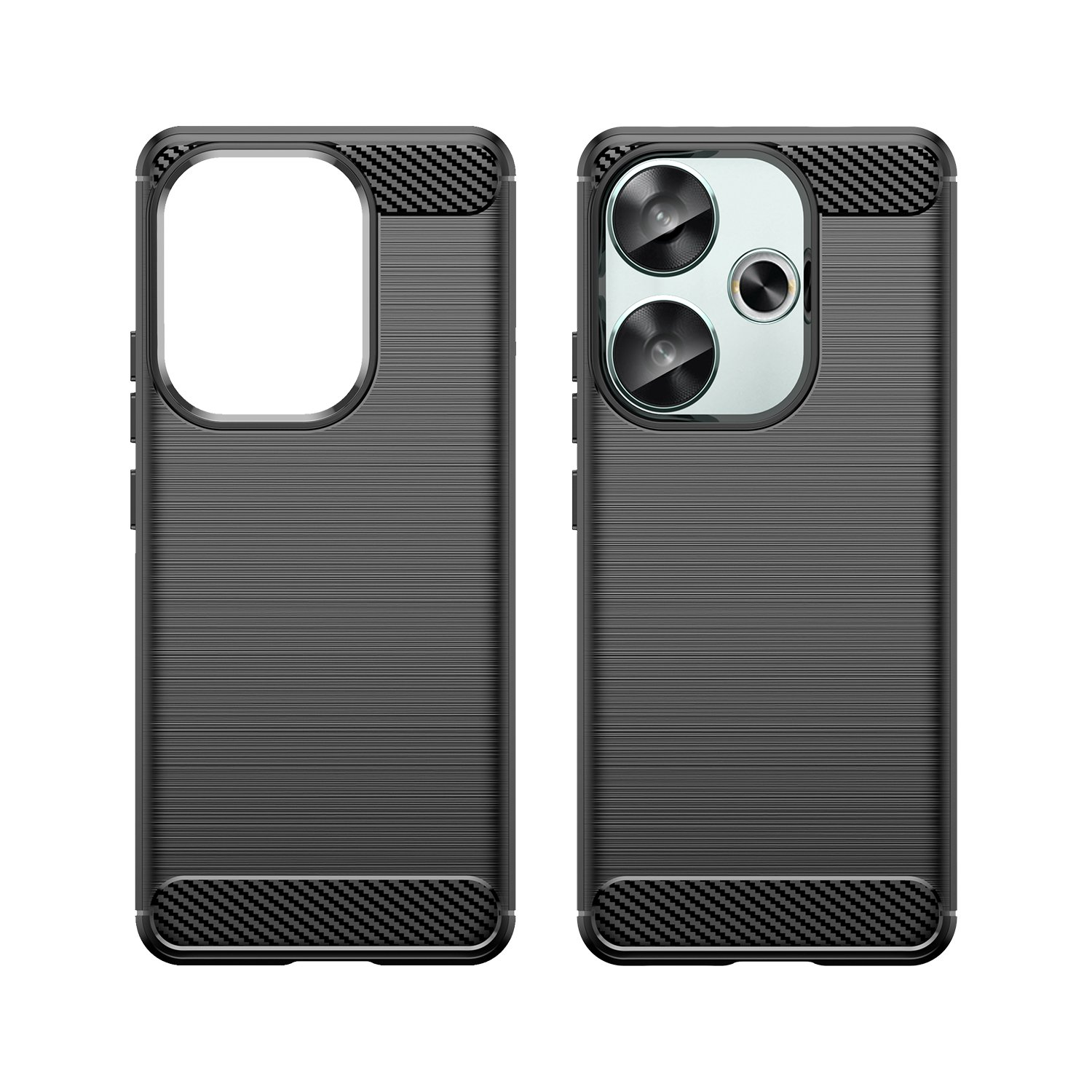 Dos fundas negras para teléfono. Una muestra el frente y la parte trasera, la otra la trasera.