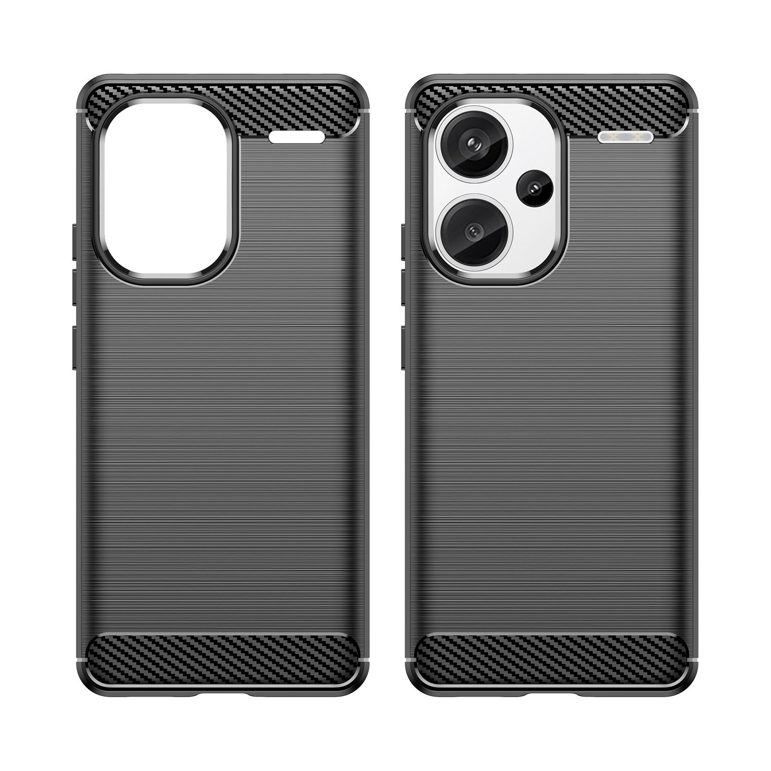 Dos fundas de teléfono lado a lado, mostrando textura cepillada y detalles de fibra de carbono.
