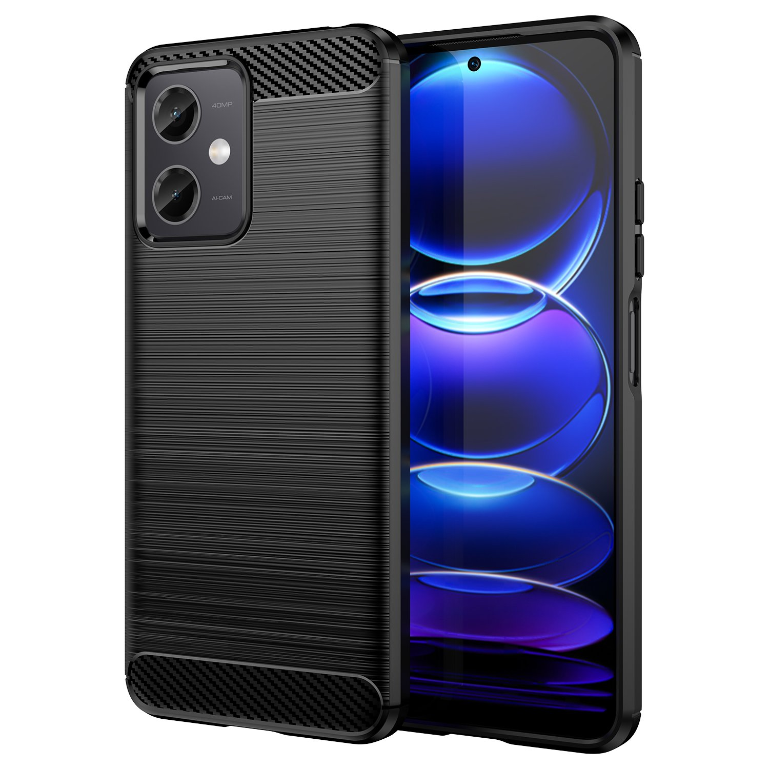 Una funda negra en un teléfono, con textura cepillada y detalles de fibra de carbono.