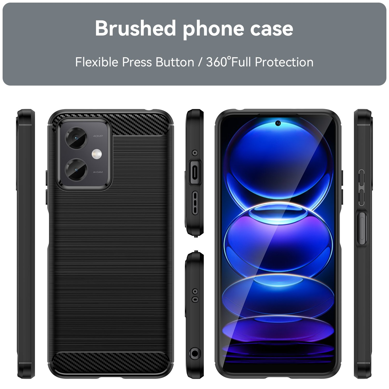 Juego de fundas de teléfono. La funda es negra con parte trasera texturizada y detalles de fibra de carbono.