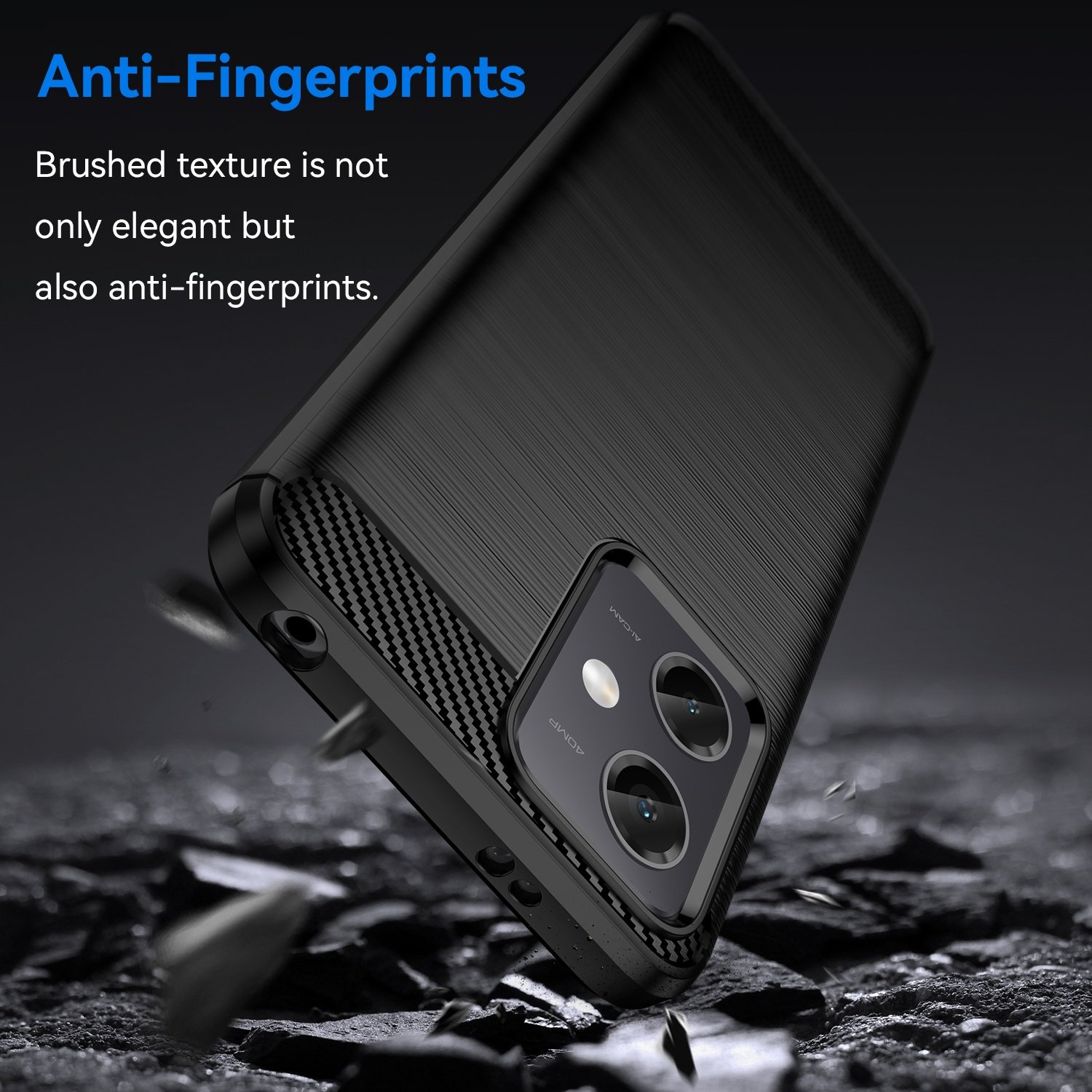 Funda negra para teléfono sobre fondo oscuro. La funda tiene textura cepillada, anti-huellas.