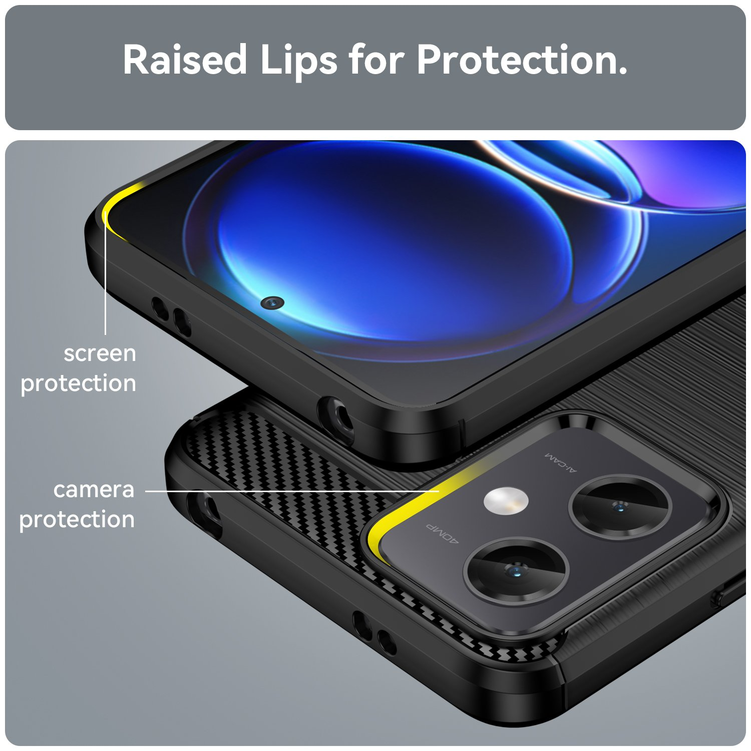 Funda de teléfono con protección de cámara y pantalla. Funda negra con bordes amarillos y detalles de fibra de carbono.