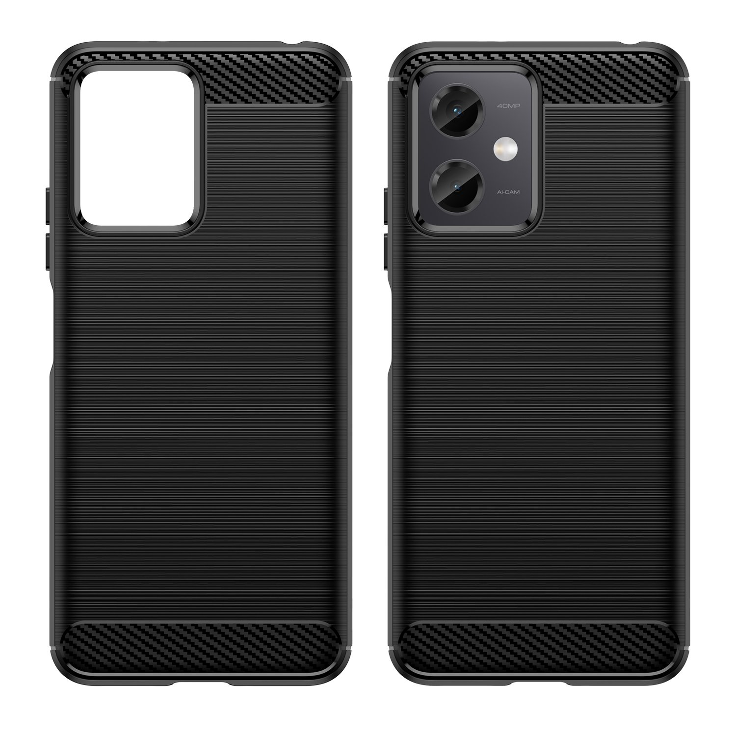 Fundas de teléfono negras, vista frontal y trasera. Las fundas tienen una parte trasera texturizada y detalles de fibra de carbono.