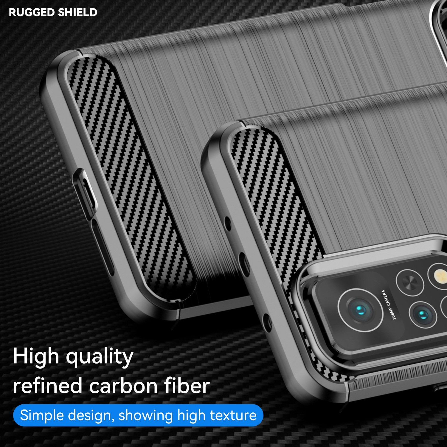 Fundas de teléfono, mostrando textura de fibra de carbono. El fondo es oscuro y las fundas son negras.