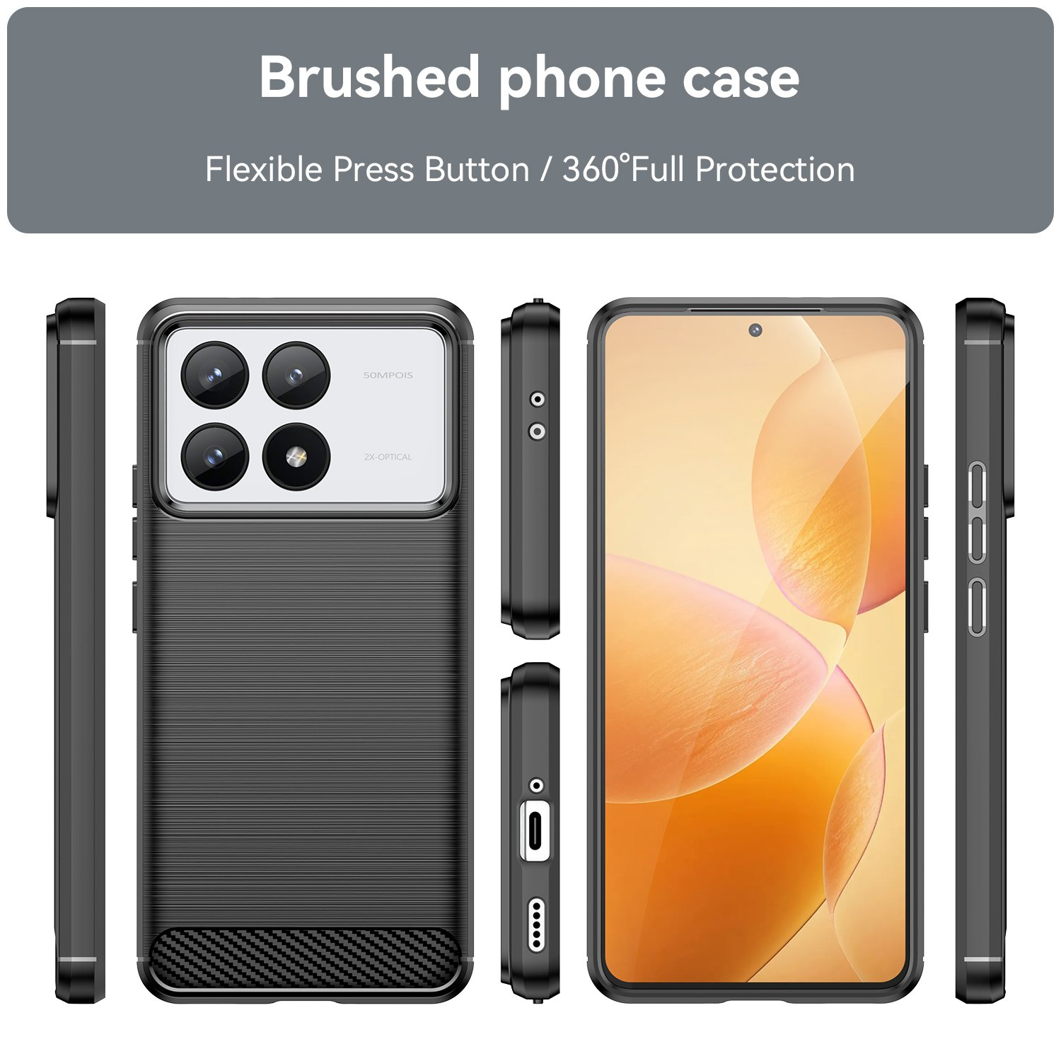 Juego de fundas de teléfono. La funda es negra con parte trasera texturizada y detalles de fibra de carbono.