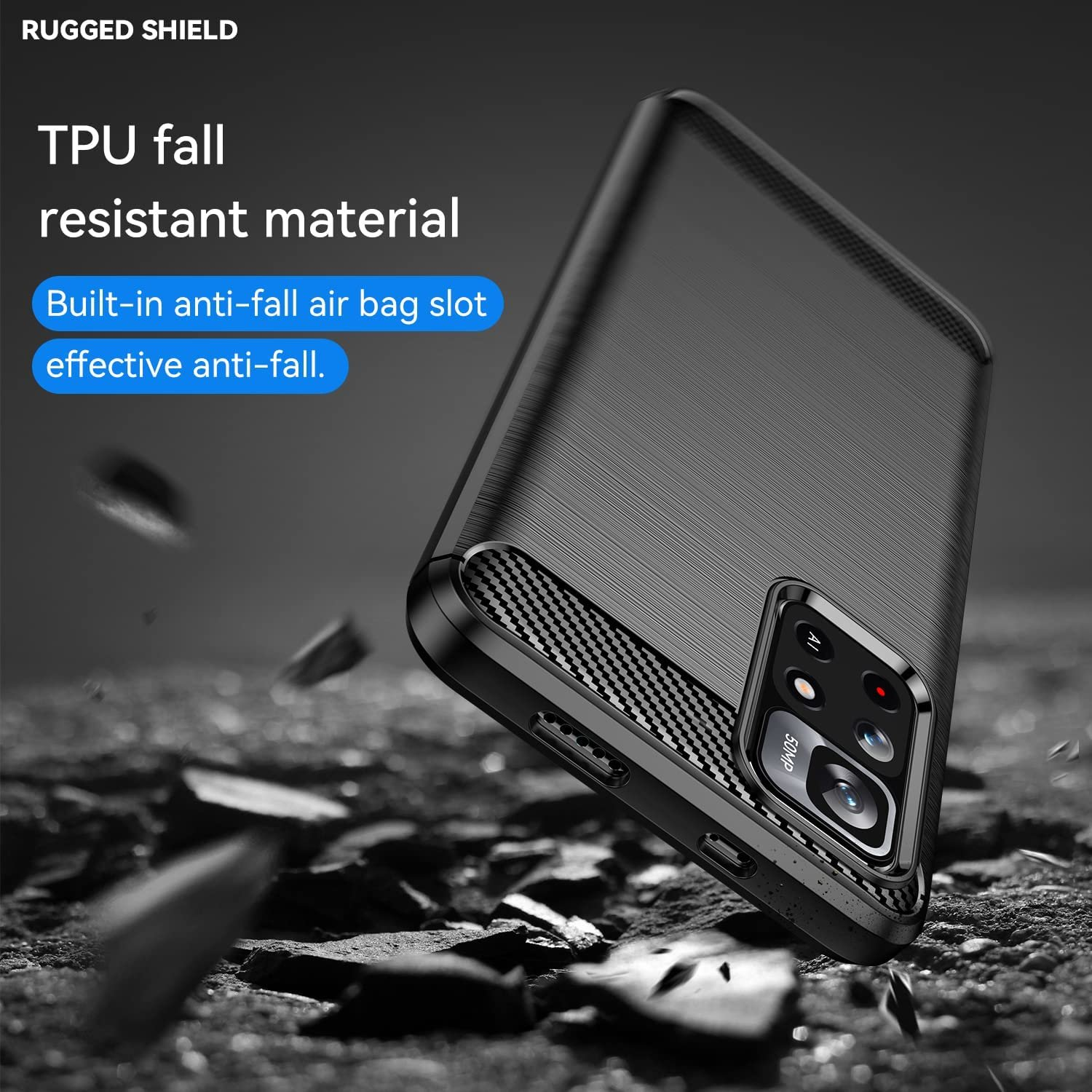 Funda negra para teléfono con diseño robusto, TPU, ranura de airbag y resistencia a caídas, con escombros en primer plano.