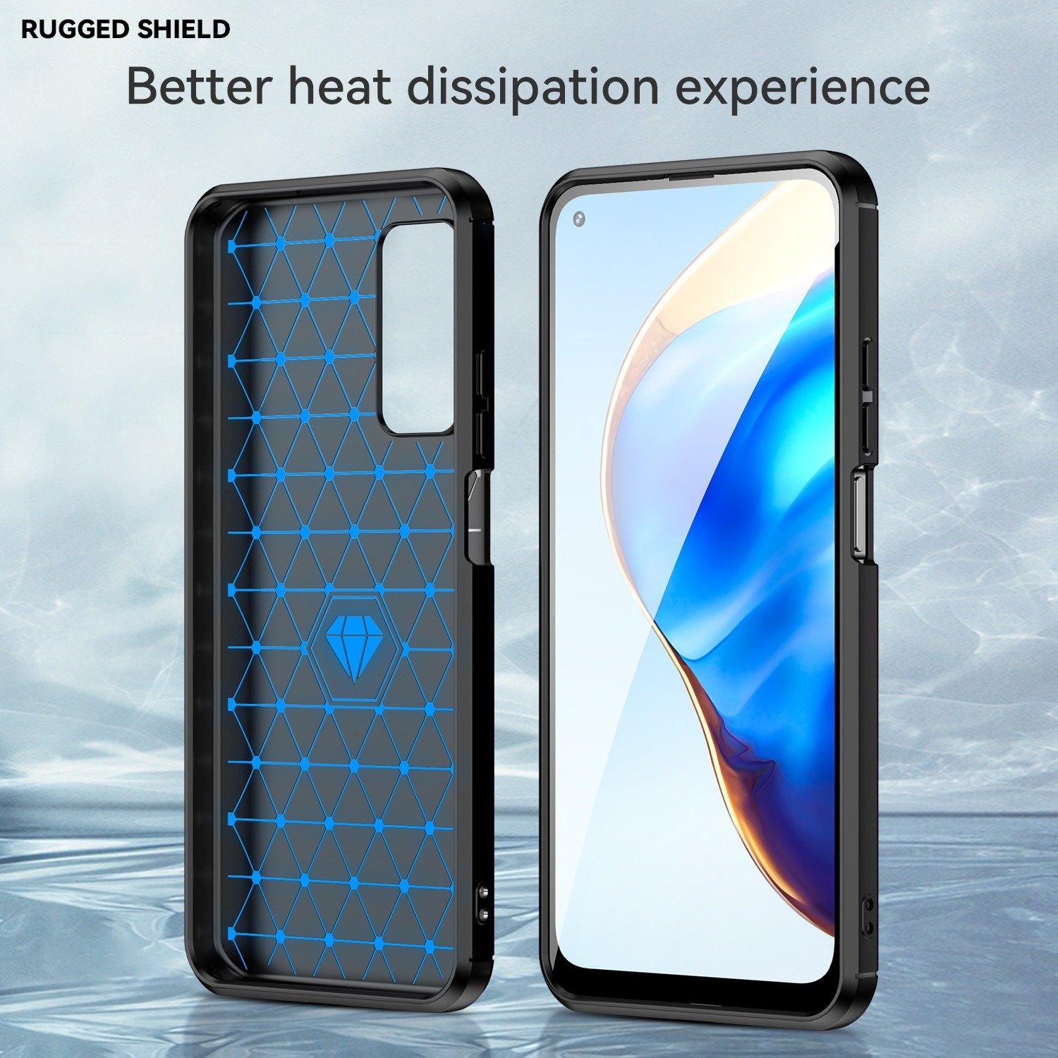 Teléfono dentro de una funda, diseño geométrico azul en el interior. Funda negra.