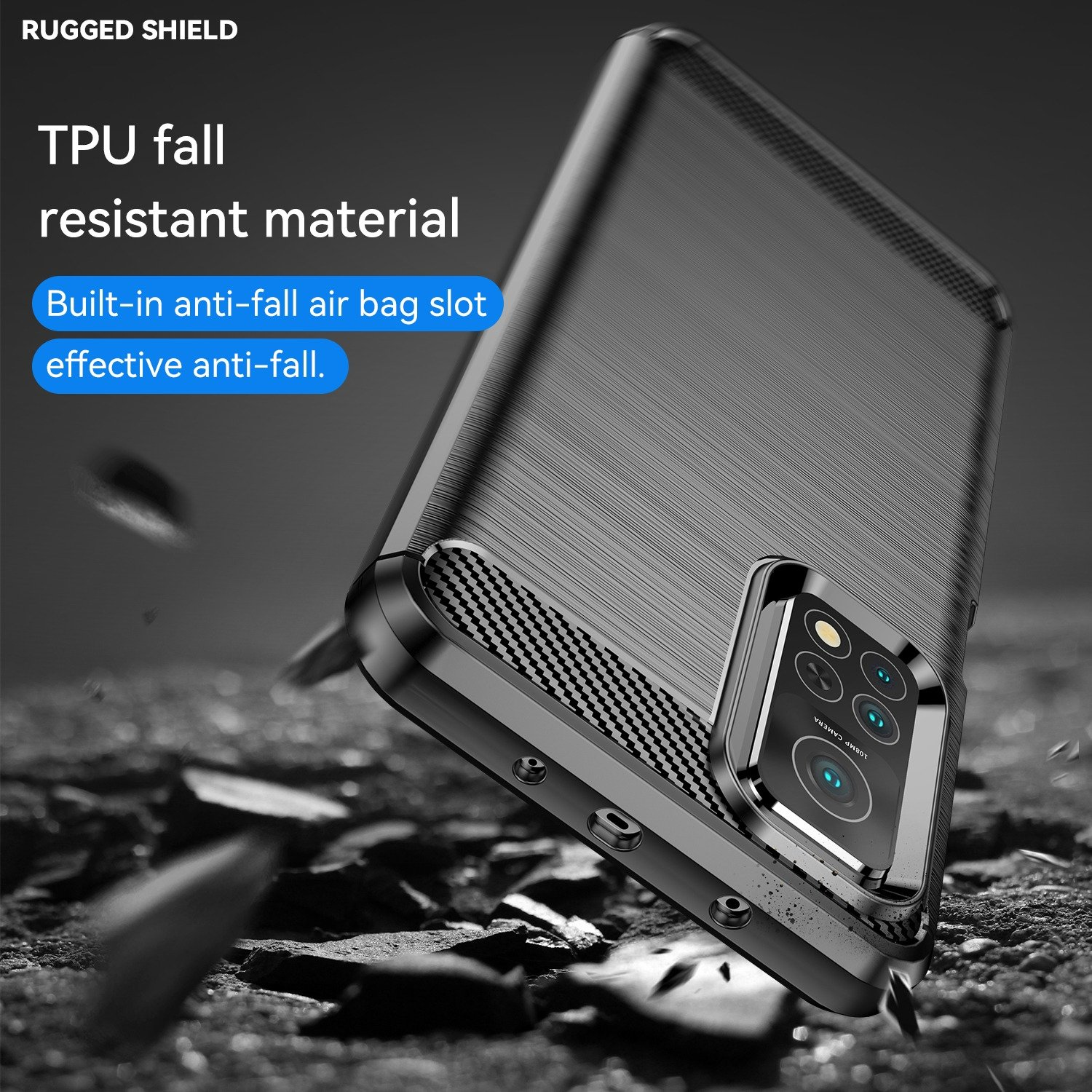 Funda negra para teléfono con diseño robusto, TPU, ranura de airbag y resistencia a caídas. Escombros en primer plano.