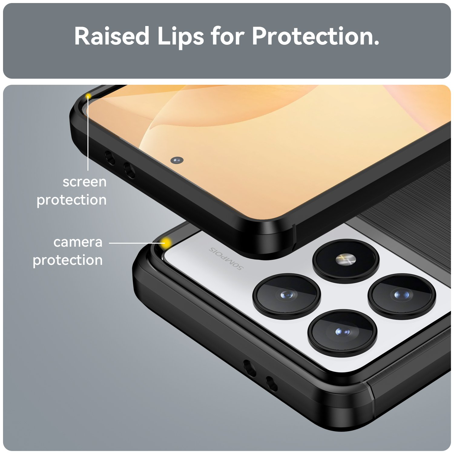 Funda de teléfono con teléfono dentro, mostrando protección de pantalla y cámara. Bordes elevados, color negro.