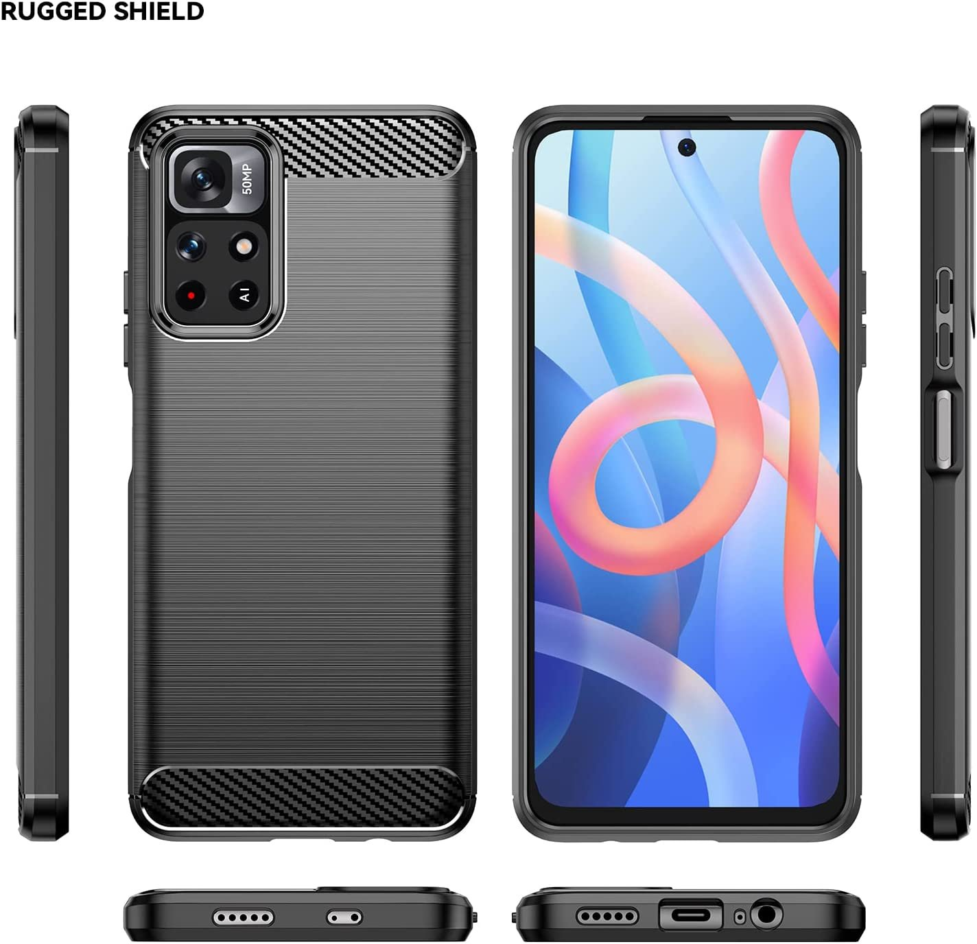 Funda y teléfono con múltiples vistas. Funda negra, superficie texturizada, detalles en fibra de carbono. Pantalla del teléfono visible.