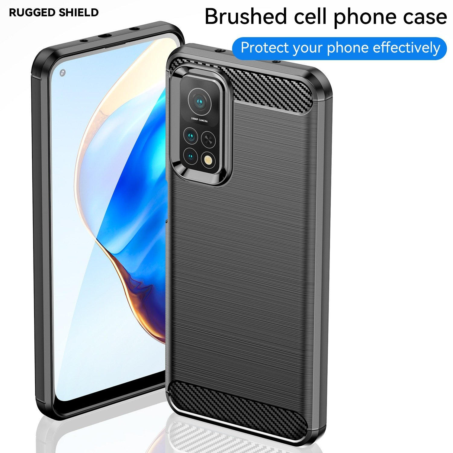 Teléfono en una funda negra. Superficie texturizada y detalles en fibra de carbono. Fondo azul claro. Teléfono con cámaras visibles.