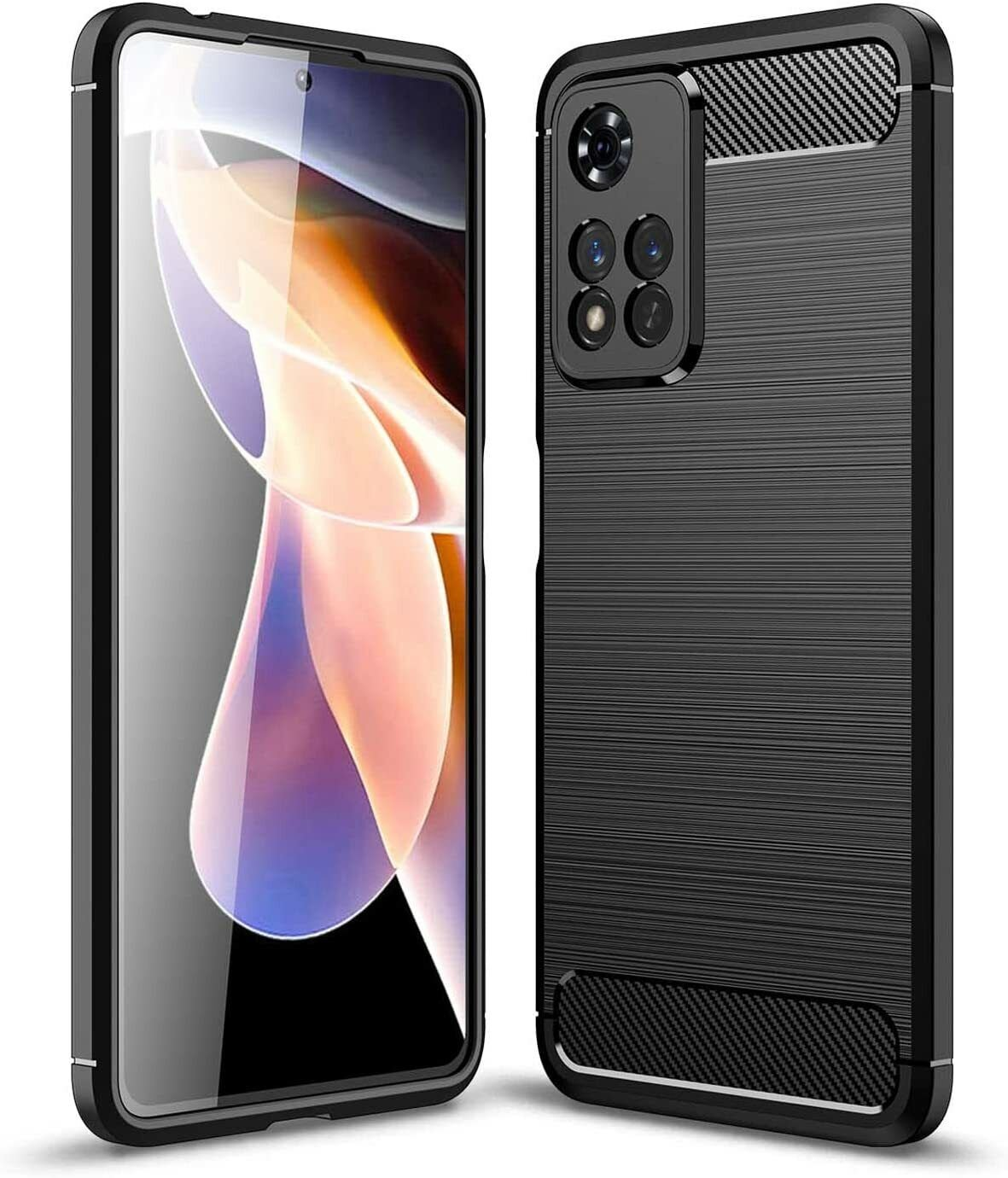 Dos teléfonos uno al lado del otro. Uno con la pantalla encendida. Fundas negras con superficie texturizada y detalles en fibra de carbono.