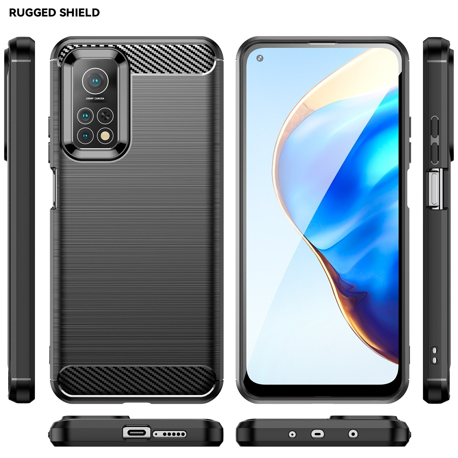 Funda negra para teléfono en un teléfono, mostrando diferentes ángulos, con textura cepillada y protección de cámara.
