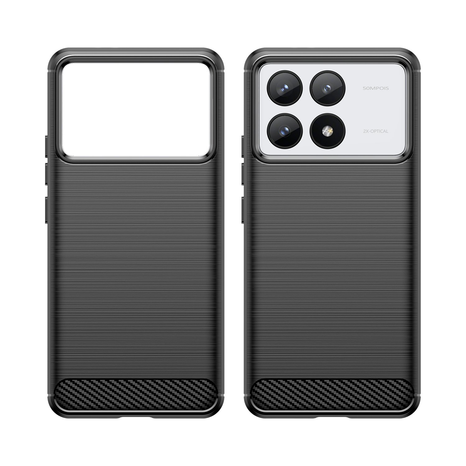 Dos fundas negras para teléfono, mostrando la parte trasera con recortes de cámara y la delantera, con textura cepillada.