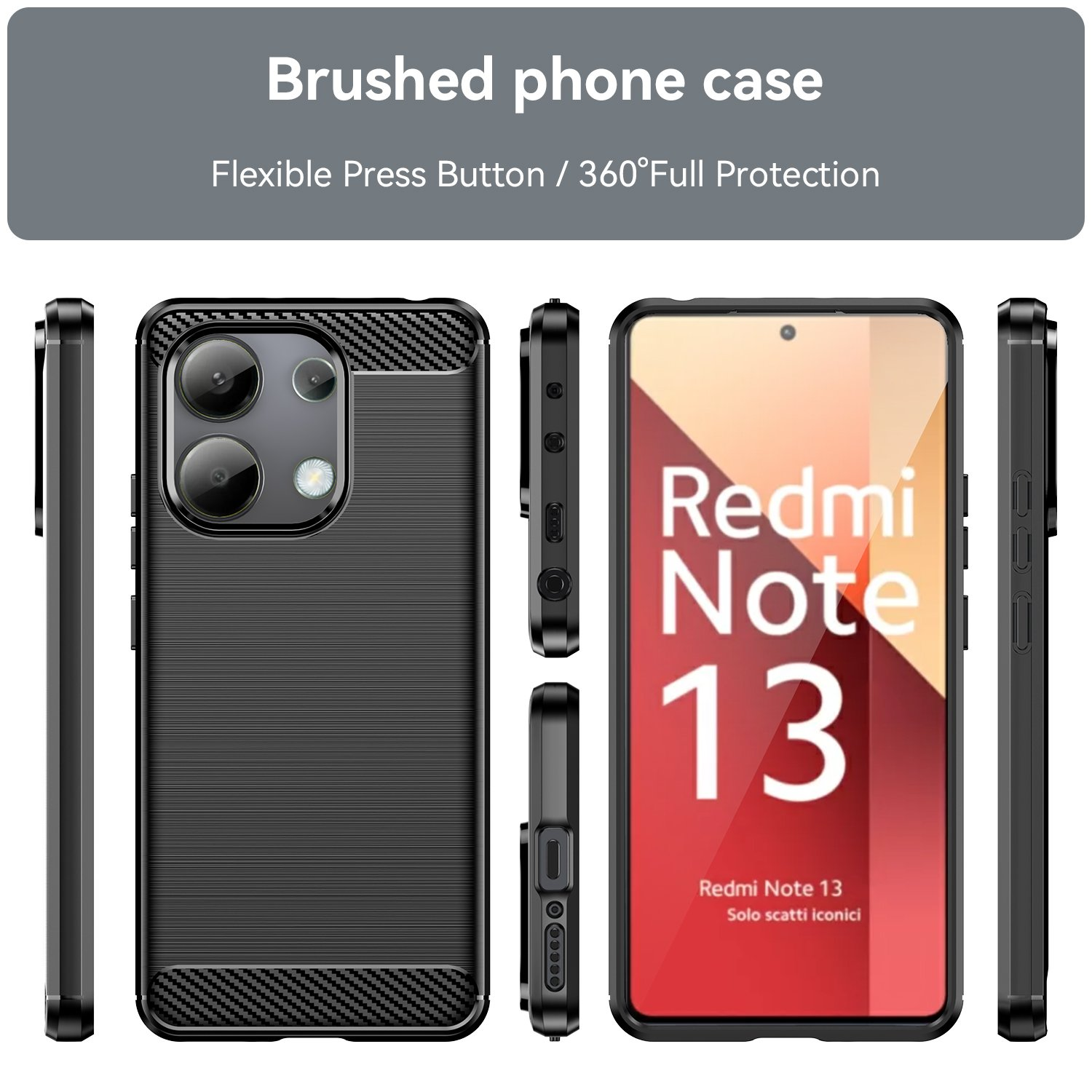 Funda de teléfono negra con teléfono. Texto: 'Brushed phone case'. Pantalla del teléfono visible, dice 'Redmi Note 13'.