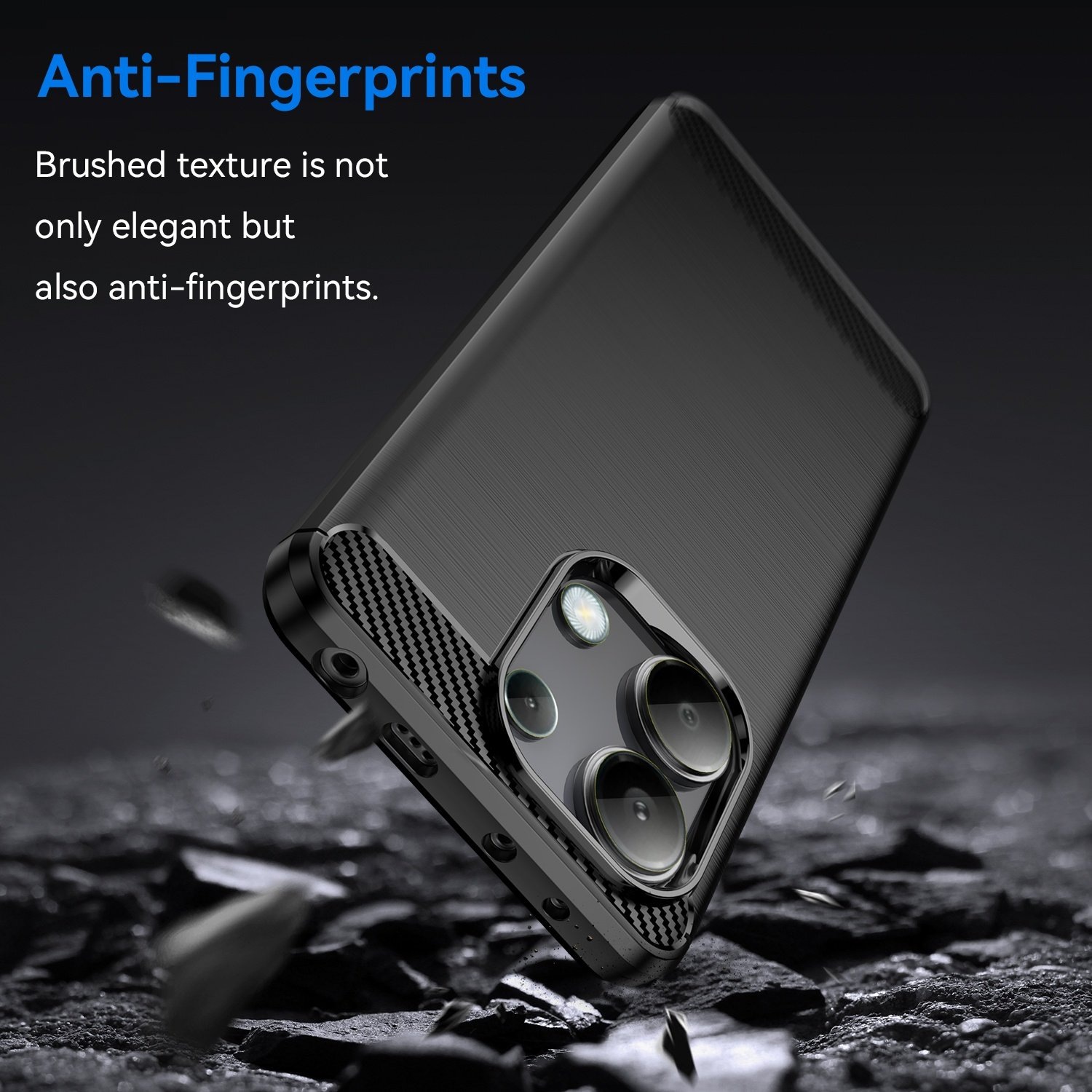 Una funda negra para teléfono con textura cepillada, con el texto 'Anti-Huellas'. Partículas flotando en el aire.