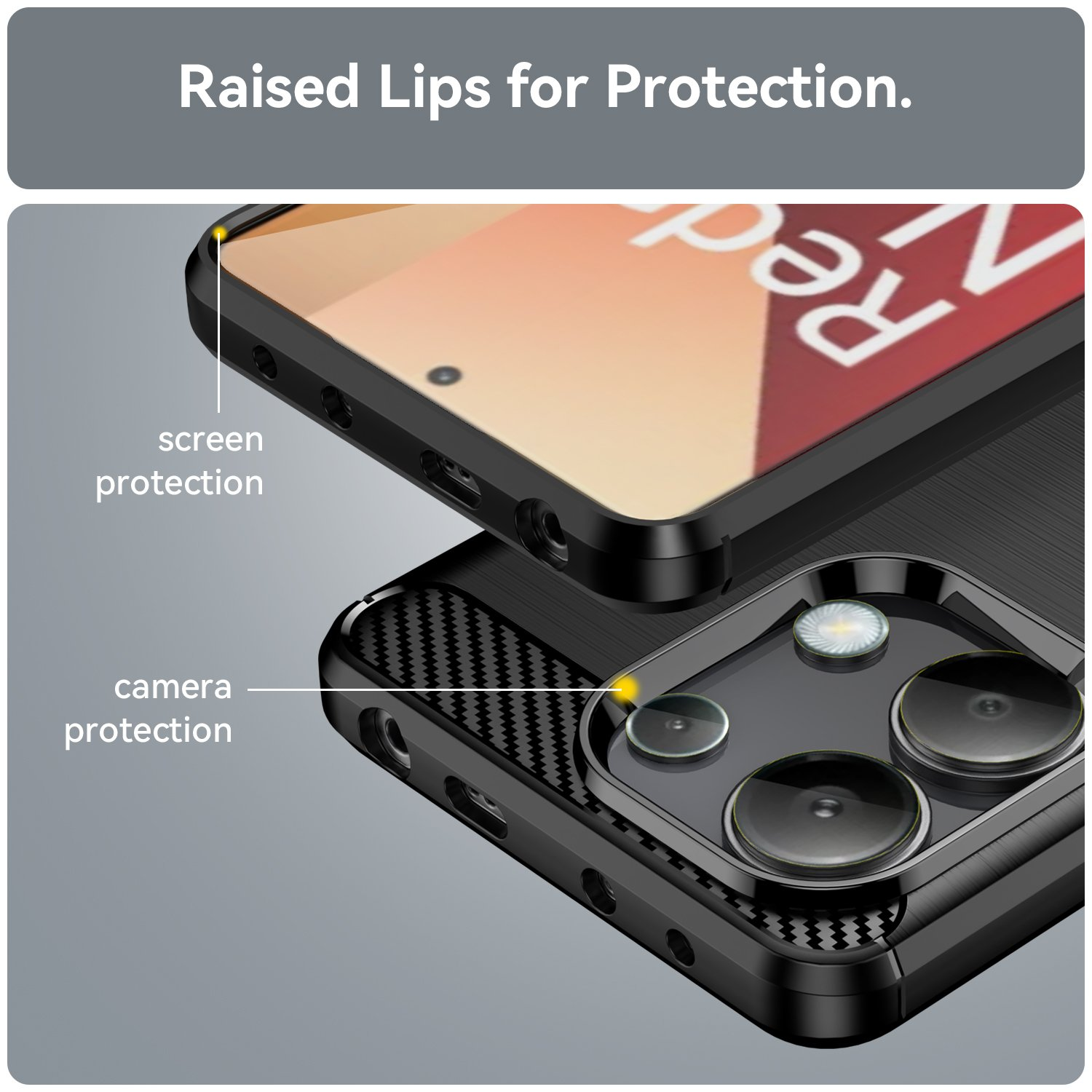 Primer plano de una funda negra para teléfono. Muestra detalles de protección de pantalla y cámara, enfatizando los bordes elevados.