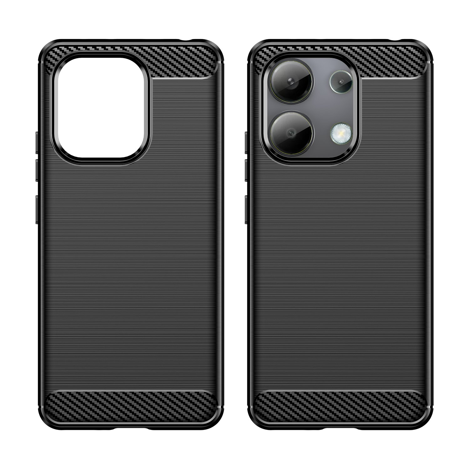 Dos fundas negras para teléfono lado a lado. Tienen acentos de fibra de carbono y una textura cepillada en la parte trasera.