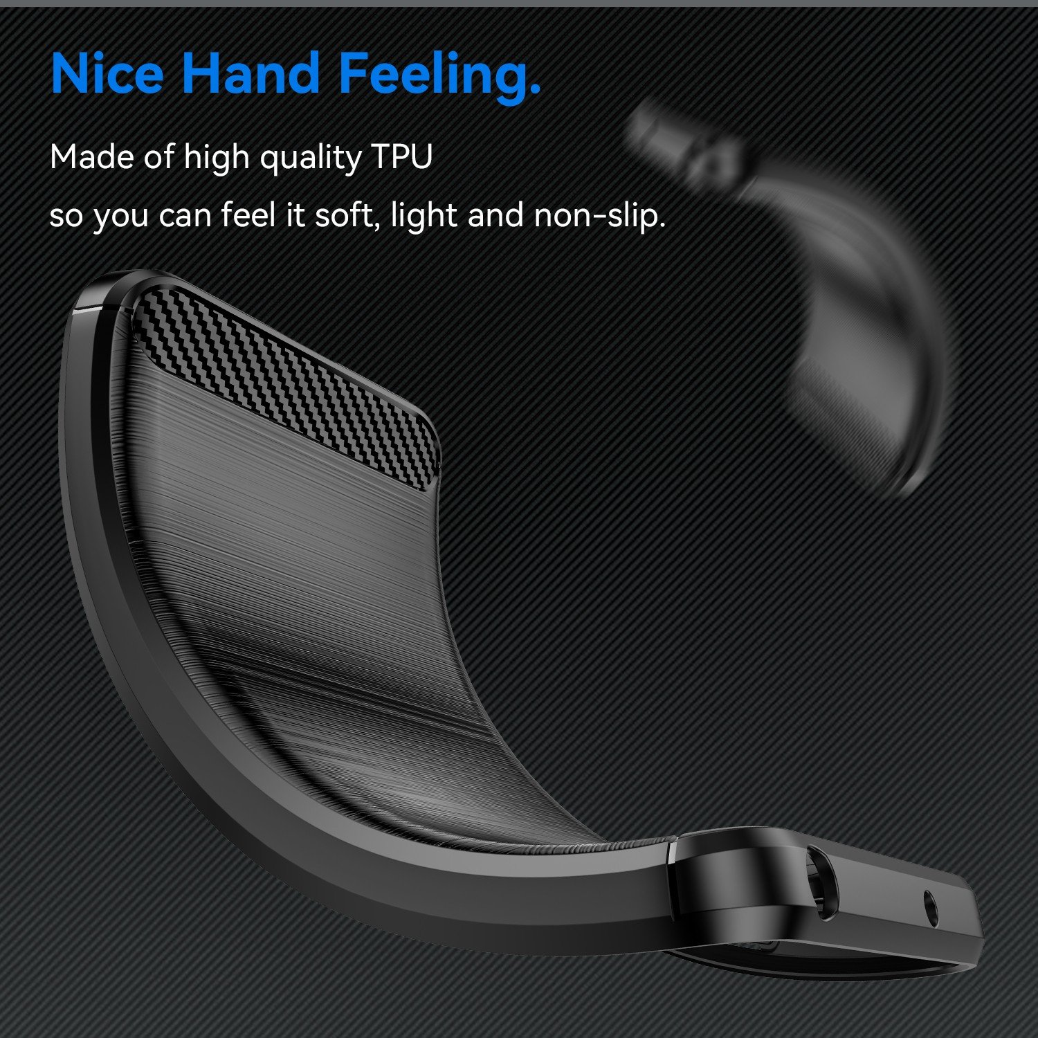 Primer plano de una funda negra curvada, mostrando una superficie texturizada. Enfoque en la textura y forma.