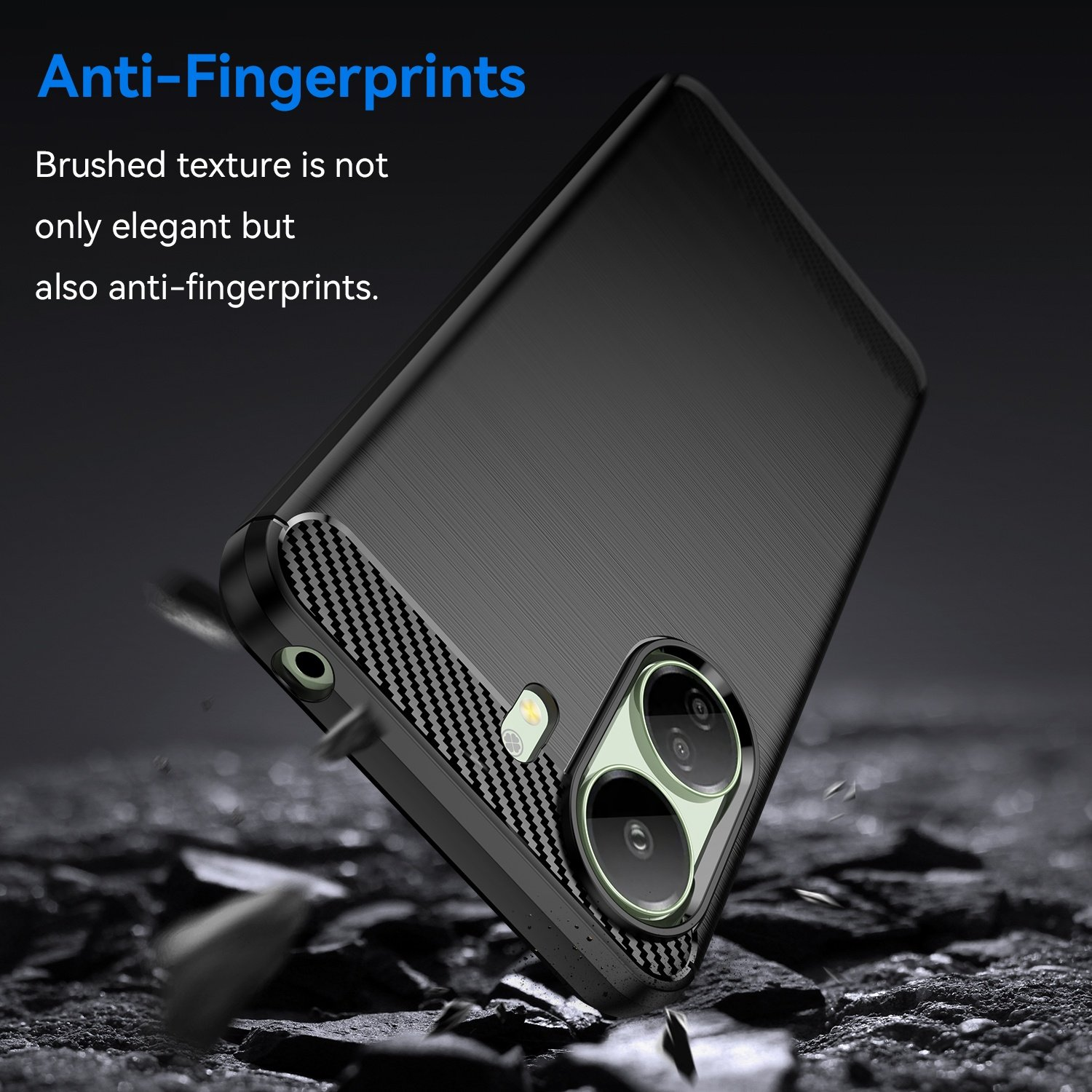 Funda cayendo. Textura cepillada, fibra de carbono. Texto: 'Anti-Fingerprints'. Fondo oscuro.