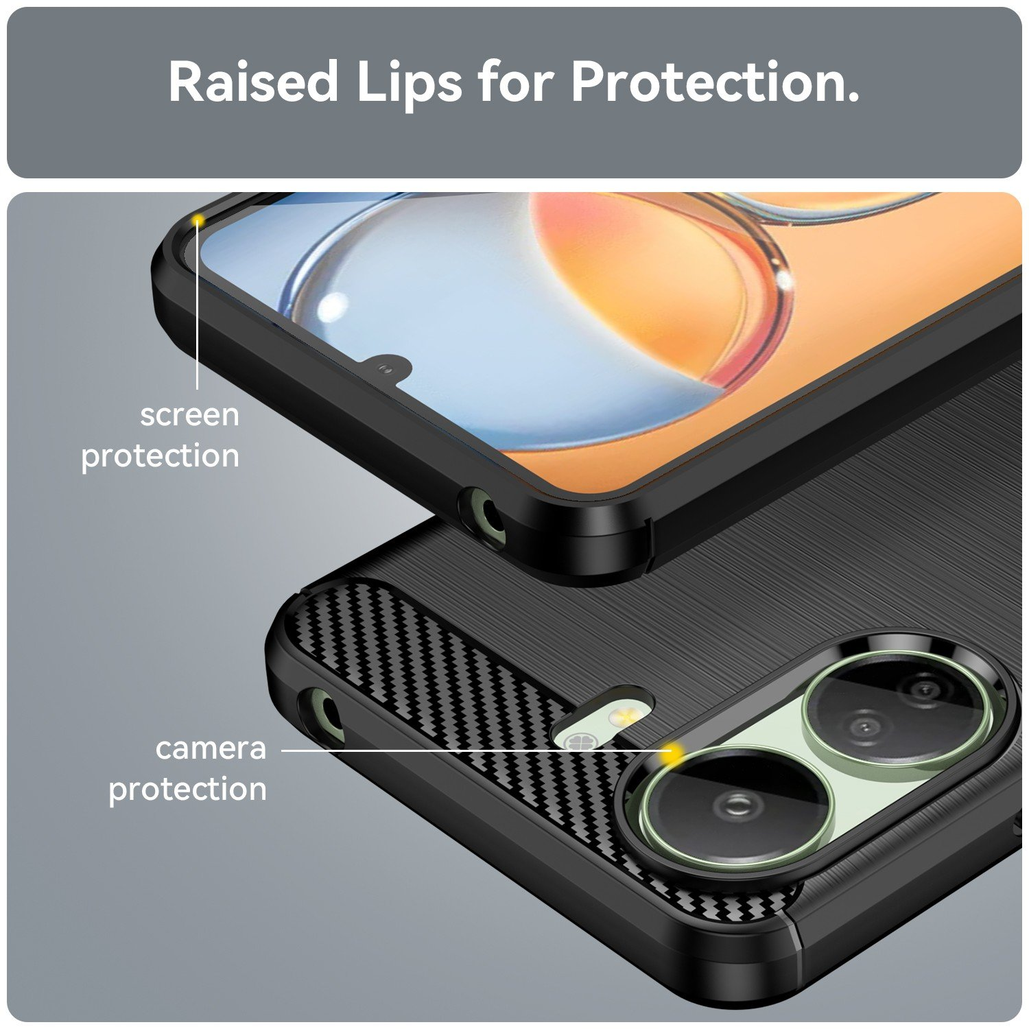 Primer plano de una funda de teléfono negra con detalles de protección de pantalla y cámara.