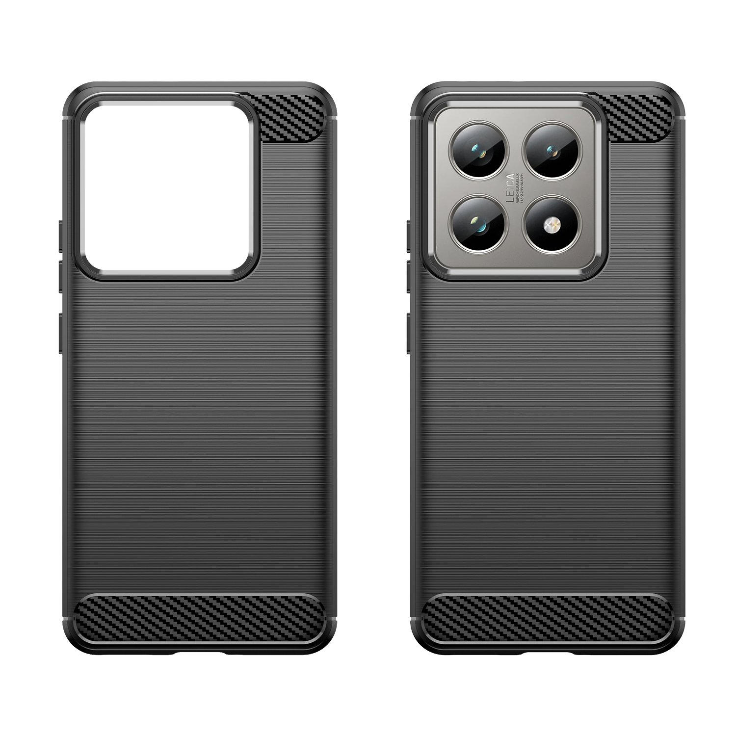 Dos vistas de una funda negra con superficie texturizada y detalles de fibra de carbono.