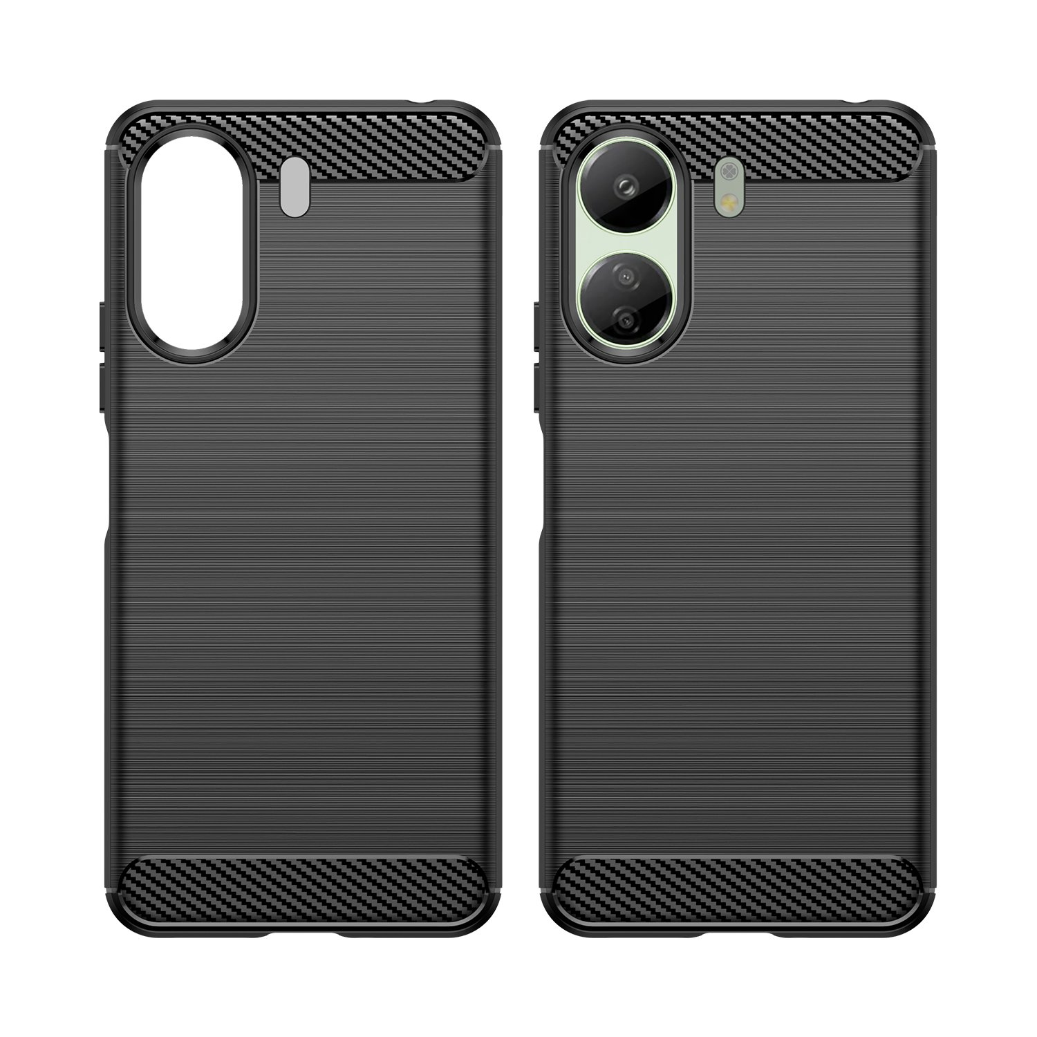 Dos fundas de teléfono negras, frontal y trasera, con detalles de fibra de carbono.