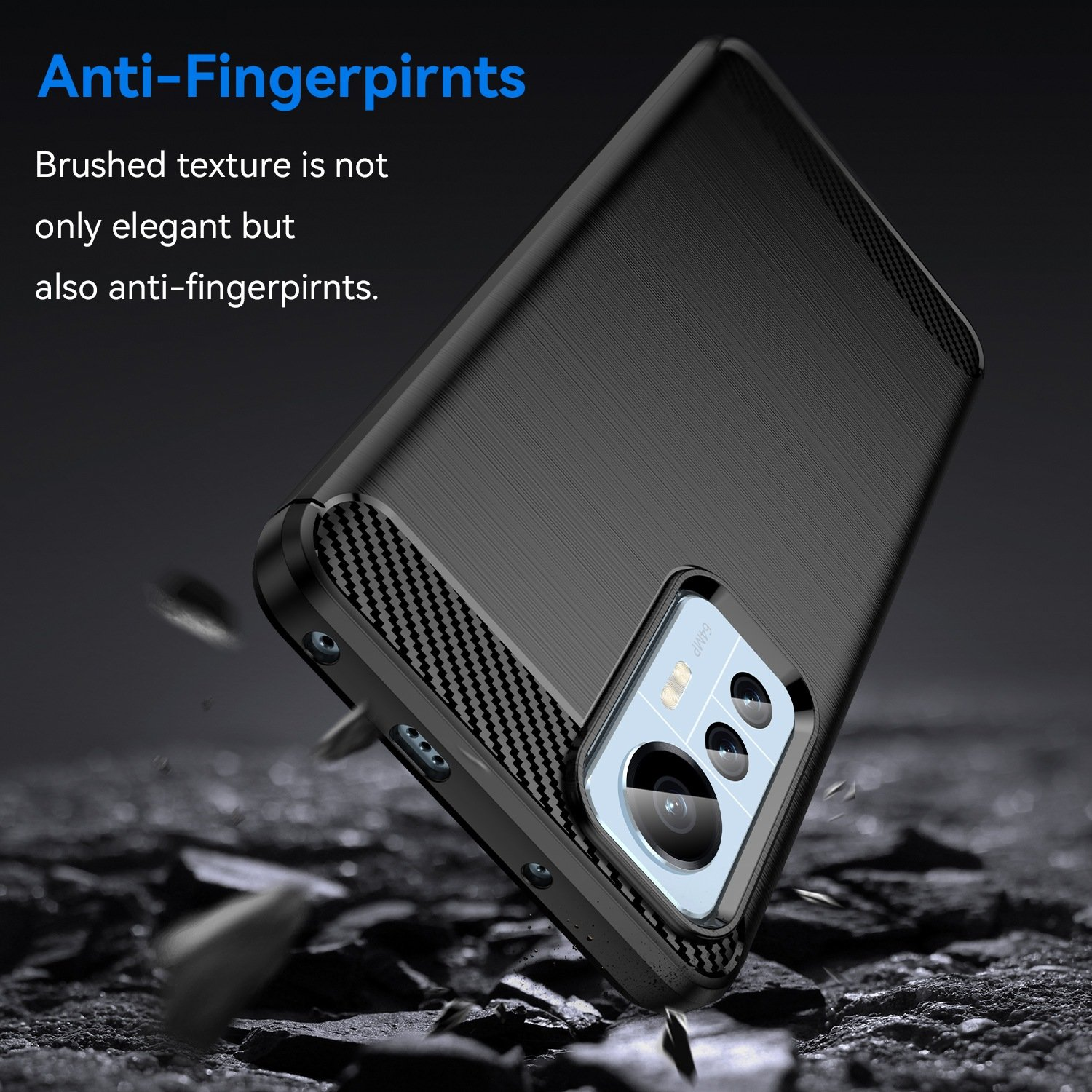 Funda negra con cámara, inclinada con escombros. Texto: Anti-huellas dactilares. La textura cepillada es anti-huellas.