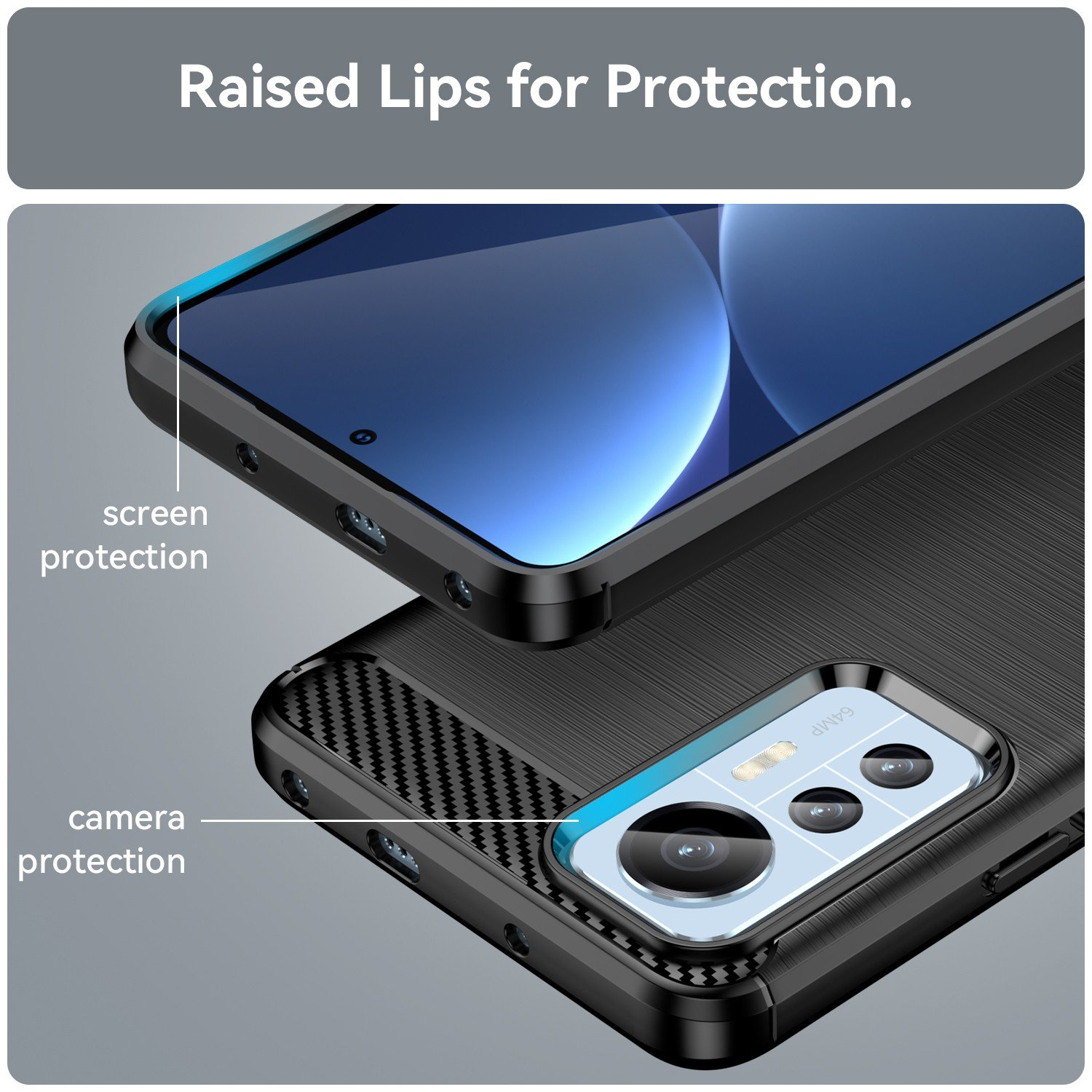 Primer plano de una funda, con detalles de protección de pantalla y cámara. Cuenta con bordes elevados.