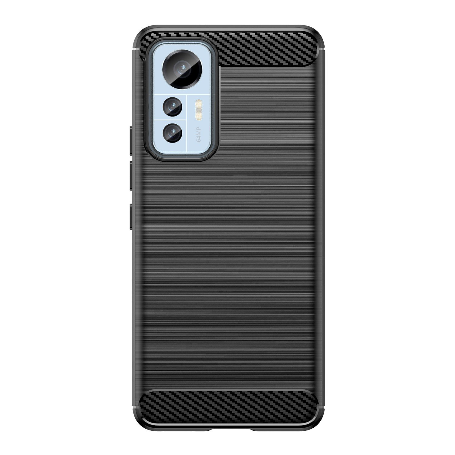 Funda negra con cámara. Textura cepillada vertical. Diseño simple.