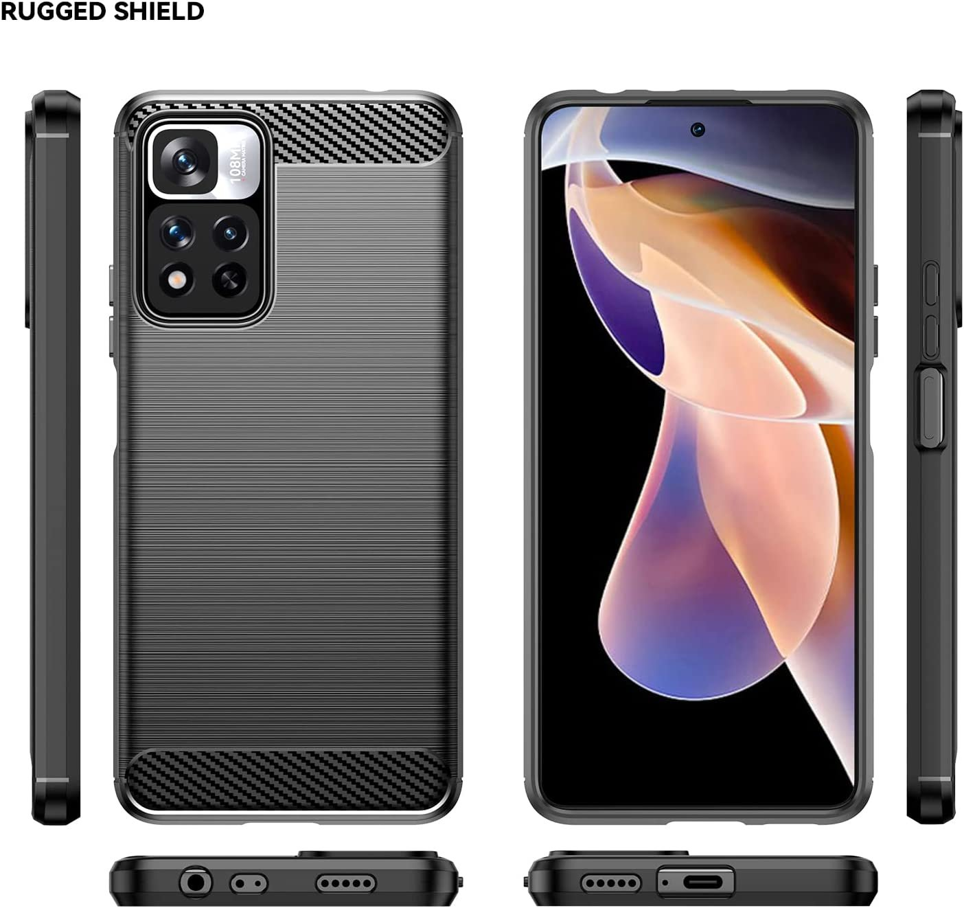Funda de teléfono desde múltiples ángulos. Tiene una parte trasera texturizada y un recorte para la cámara.