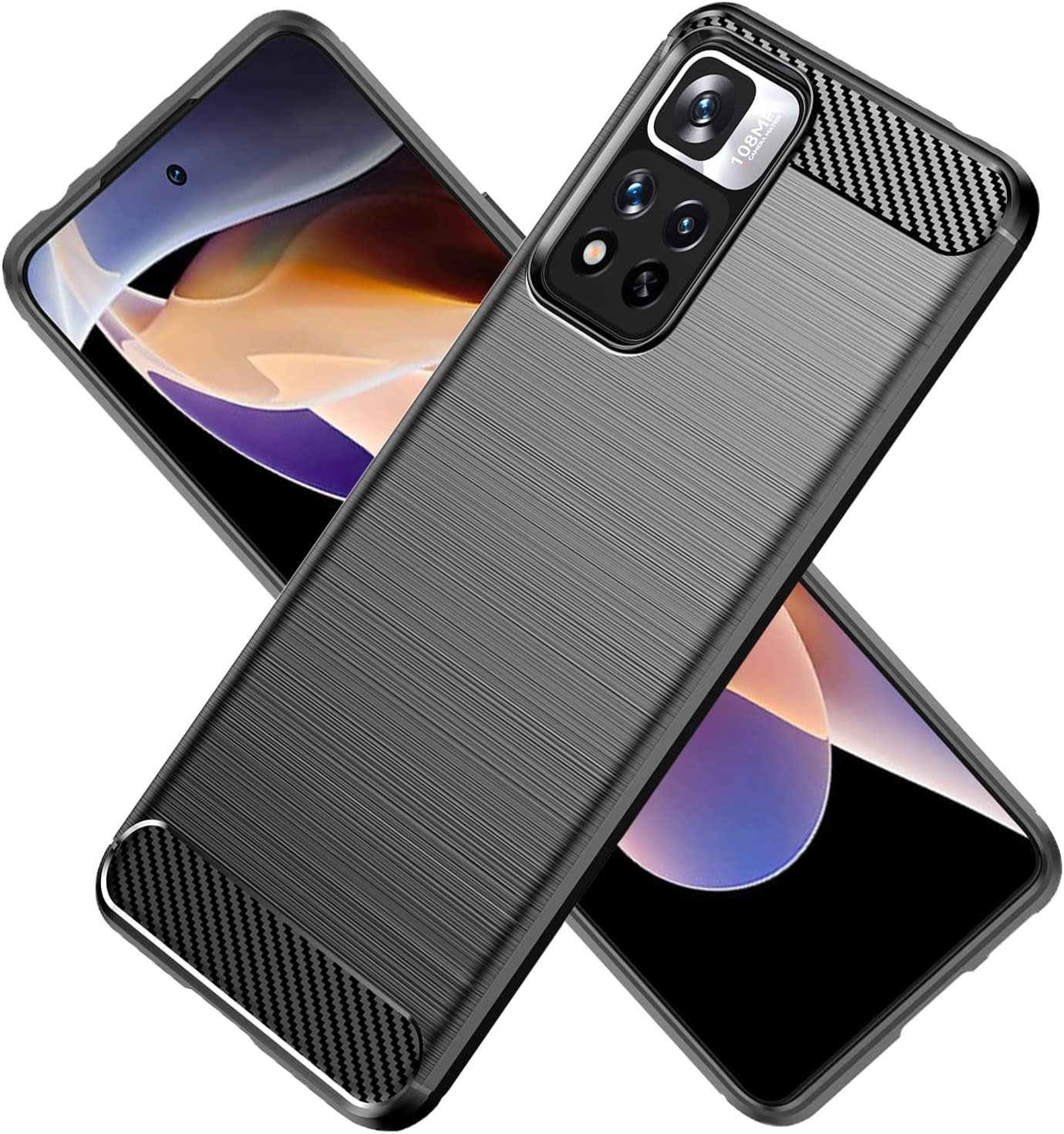 Dos teléfonos en fundas, uno negro, otro gris. Las fundas tienen detalles de fibra de carbono.