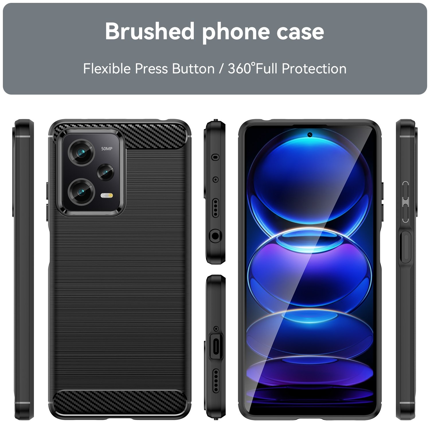 Funda negra para teléfono con múltiples vistas. Texto: Botón de presión flexible, protección completa 360°.